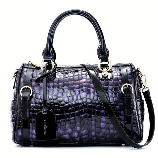 Genuine Leather Boston,Design Shoulder Bag for Women, Bronze Finish, Crocodile, Large Capacity, Zipper Closure, Lightweight & Durable, Detachable Crossbody Strap