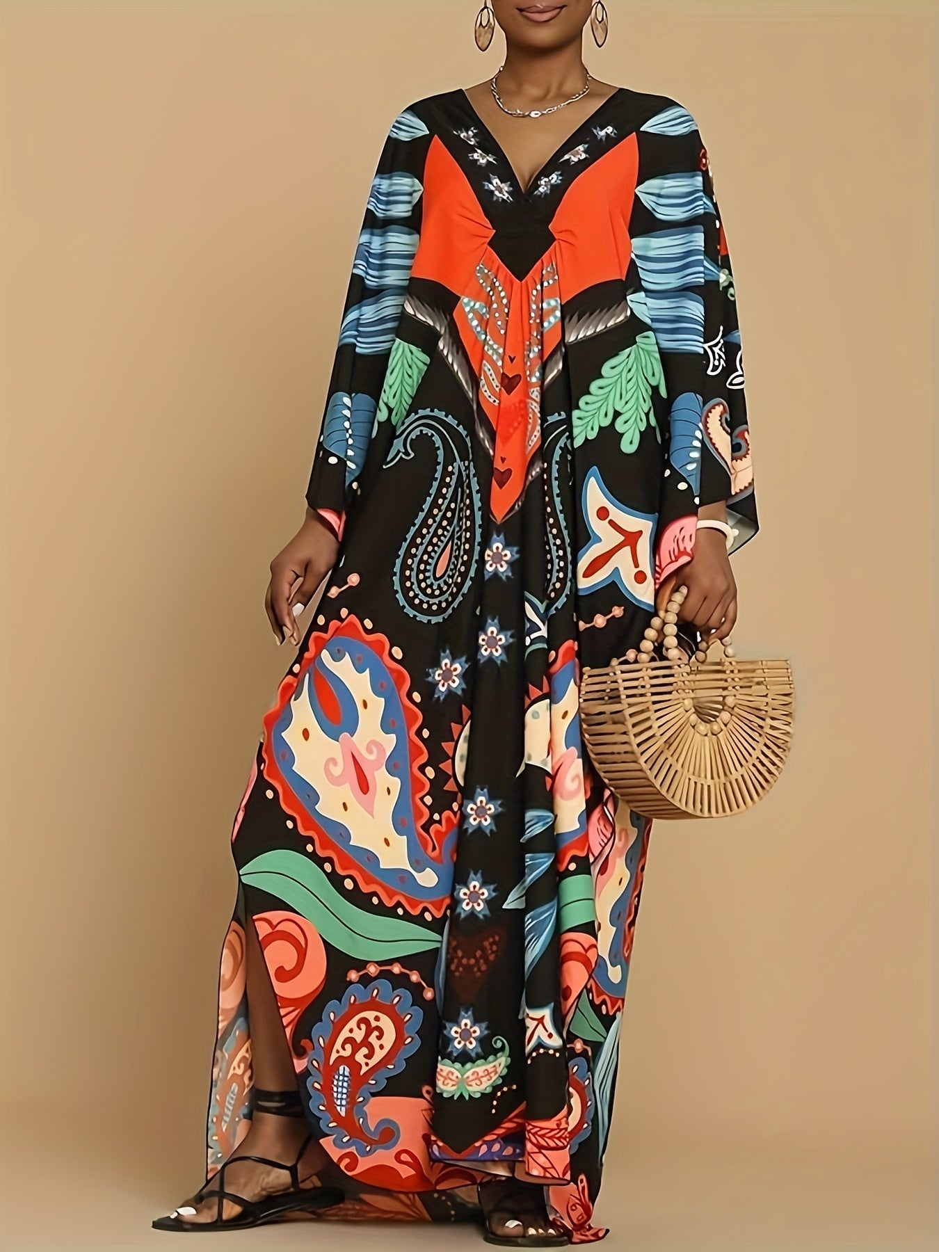 Plus Size Women's Elegant Butterfly Print Abaya Dress - Long Sleeve Loose Fit Turkish Beach Cover Up, Mid-Length H-Line Swimsuit Coverup with Slit Details, Hand Washable for Poolside & Festive Occasions, Bathing Suit Cover