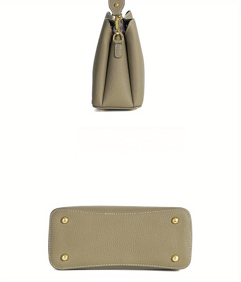 2025 New Model, High-End Grey Leather Women'S Handbag, Cowhide Large Capacity Bucket Bag, Versatile Commuting Shoulder Crossbody Bag, Lightweight And Fashionable Daily Bag