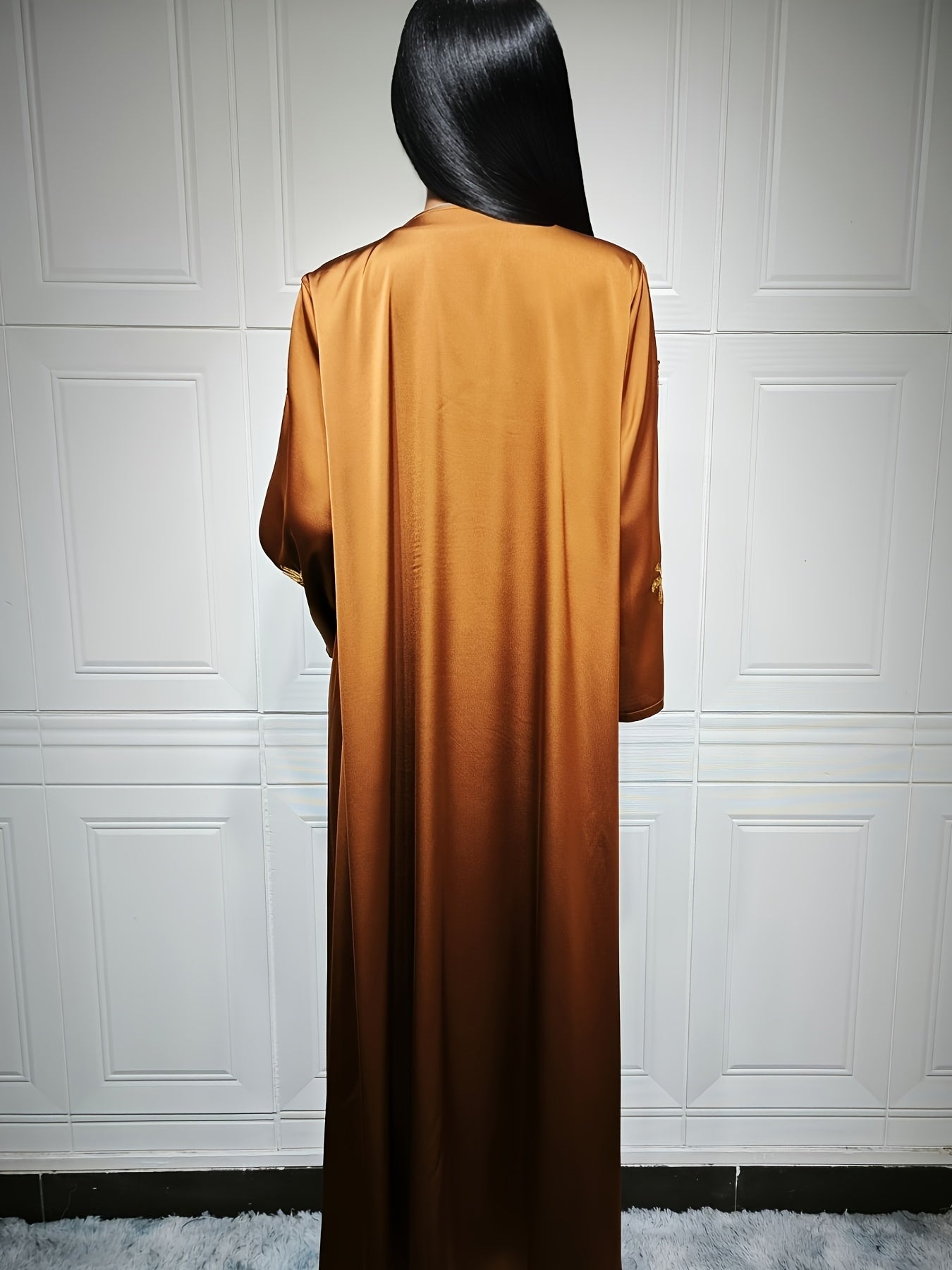Elegant Brown Kimono Abaya with Golden Embroidery - Modest Long Dress for Women, Perfect for Casual Outings, All-Season Comfort, Casual Abaya | Elegant Abaya | Sequin Embroidery