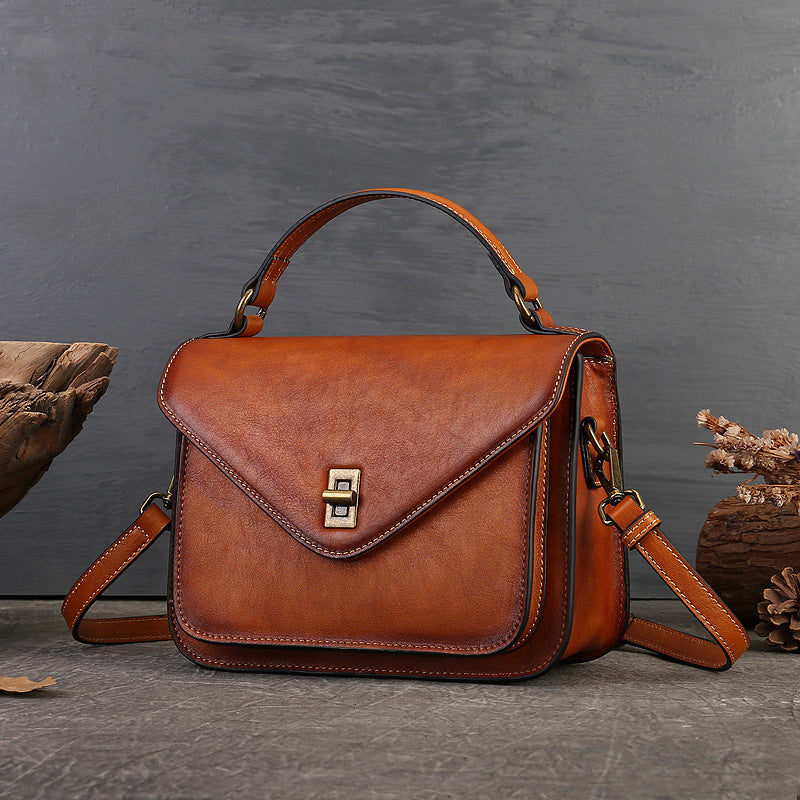 Women's Genuine Leather Retro Messenger Bag - Adjustable Crossbody & Shoulder Strap, Snap Closure, Durable Oil-Edged Trim