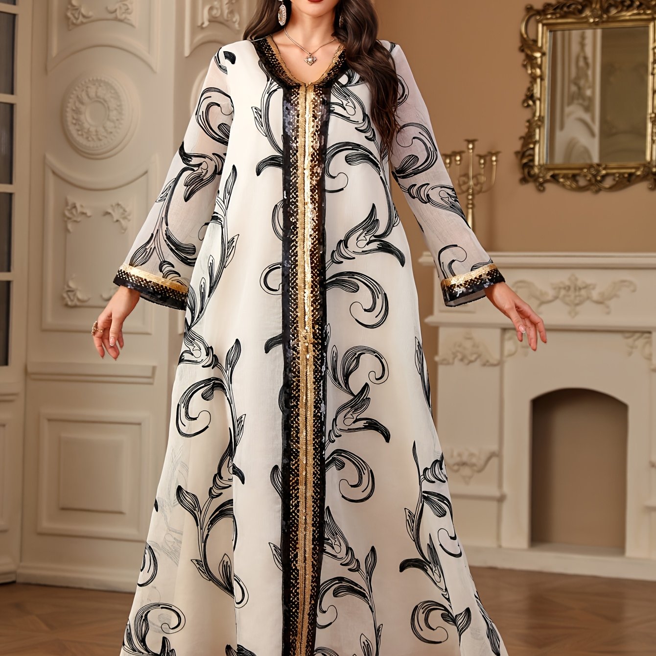 Elegant White Sequin Decorated Maxi Dress with Floral Patterns - Long Sleeve, A-Line Silhouette, Non-Stretch Fabric for All Seasons, Formal Evening Wear|Floral Sequin Decoration|Woven Polyester