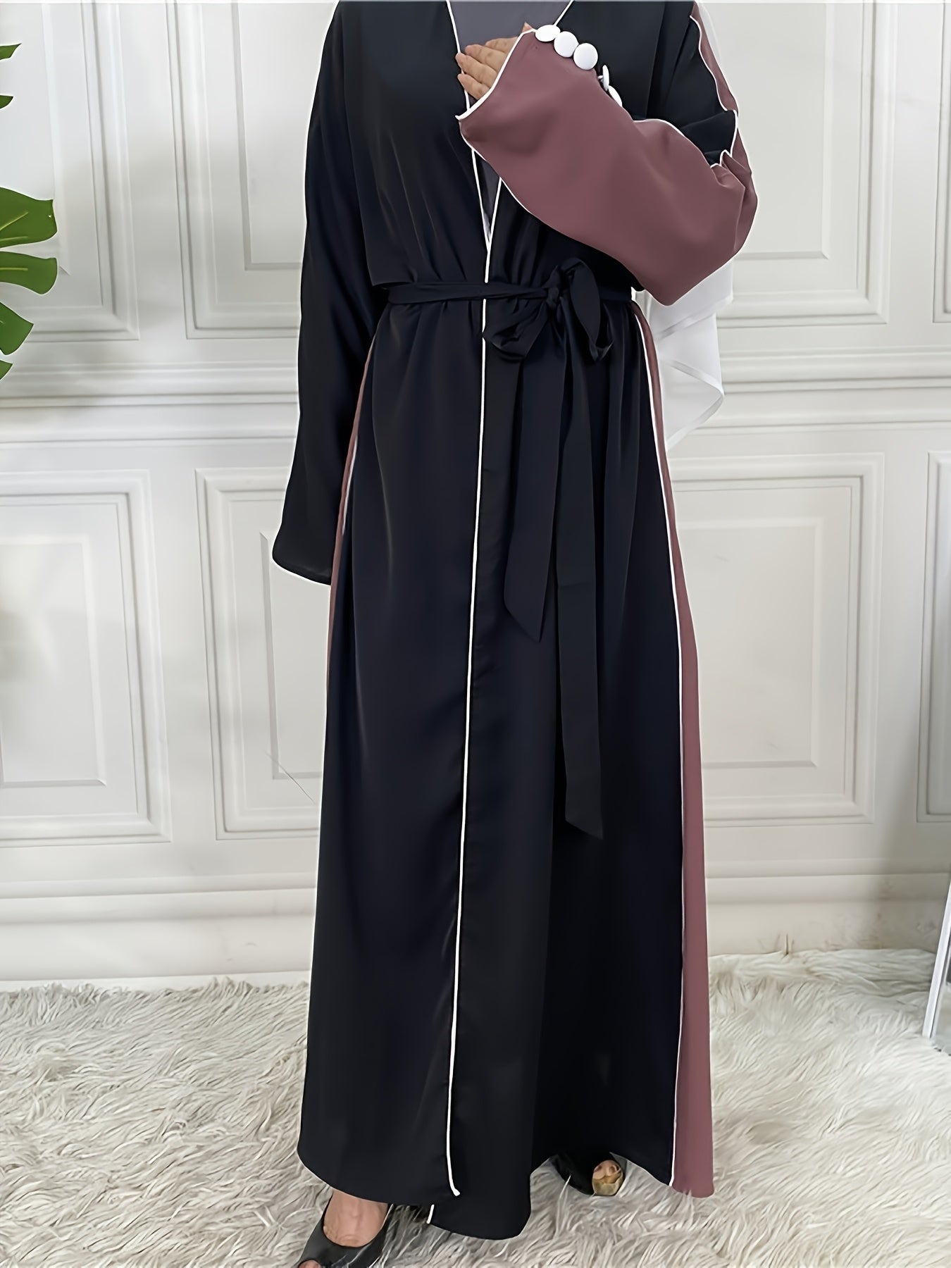 Women's Elegant Patchwork Batwing Sleeve Open Abaya - Long Sleeve, Button-Up Front, Lightweight Polyester, Perfect for Spring & Fall Casual Wear, Stylish Outdoor Attire | Breezy Abaya