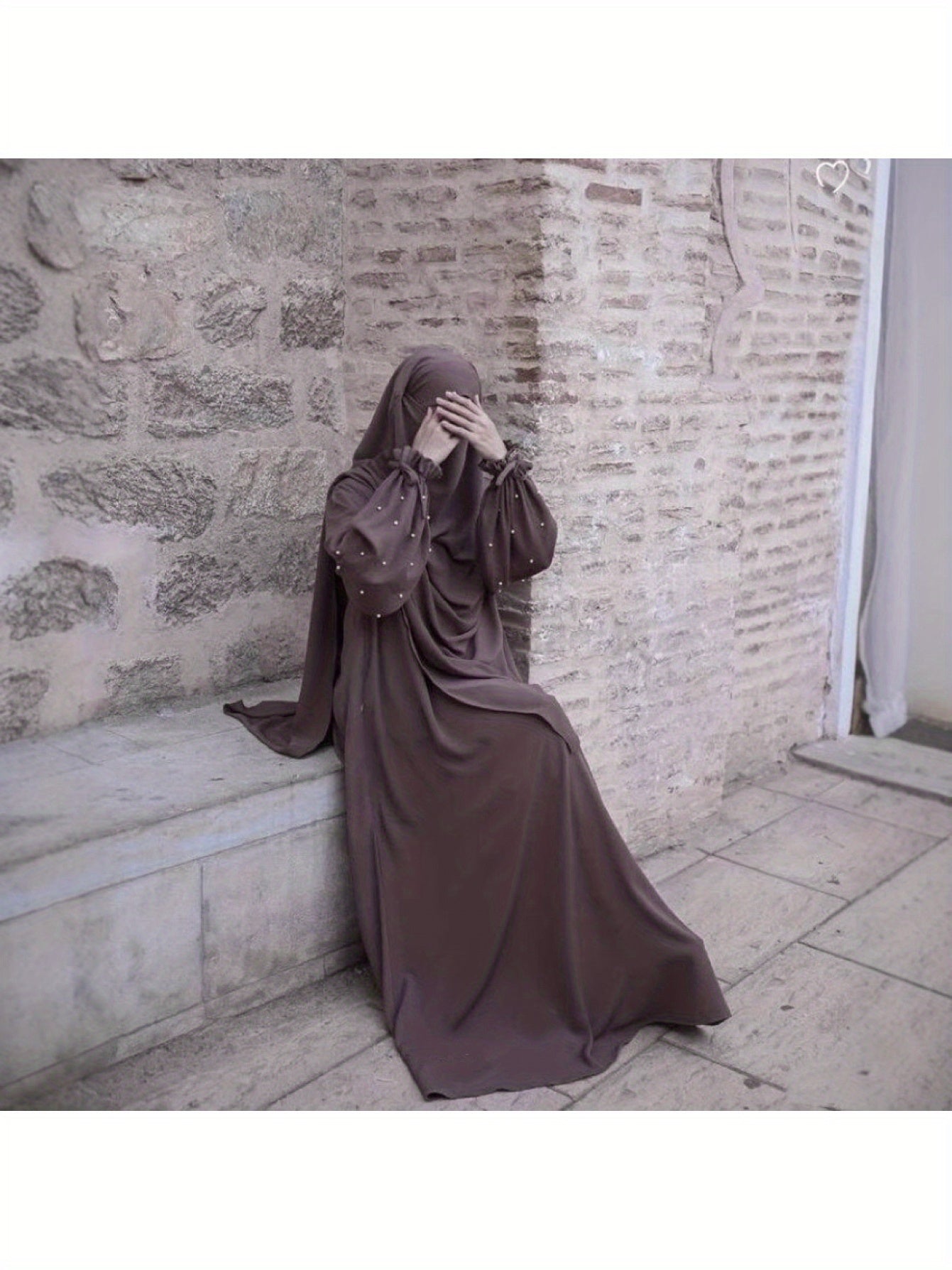 New Cross-Border Middle East Solid Color Women's Robe Pearl Sleeves Jilbaab Dress Abaya Two-Piece Set Long Headscarf P555