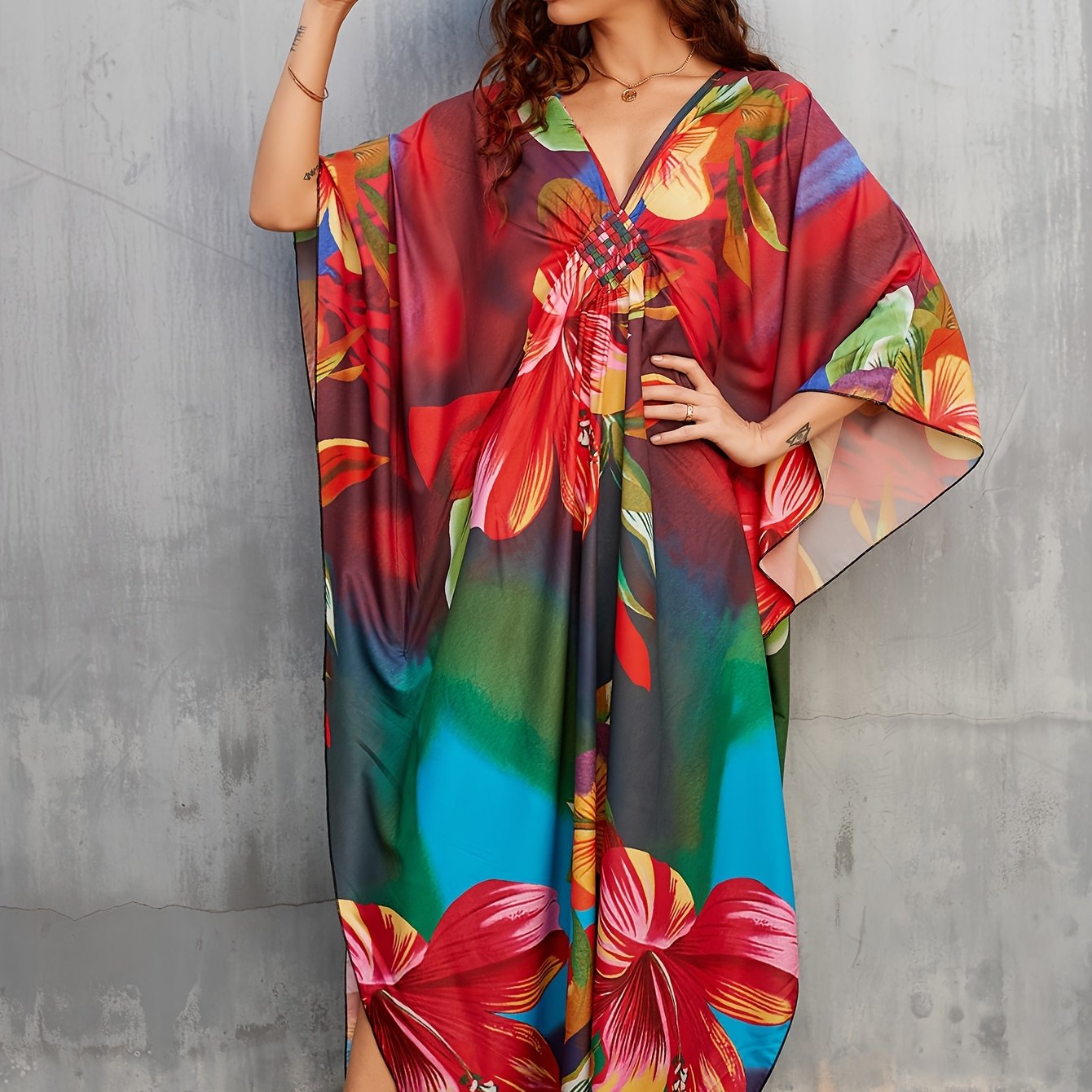 Women's Long Beach Cover Up With Floral Print Kaftan Deep V-neck Casual Vacation Bikini Swimsuit Cover Up