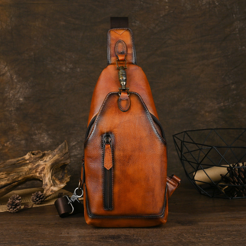 Handmade Genuine Leather Men's Retro Sling Bag - Adjustable Anti-Theft Crossbody Bag with Large Capacity