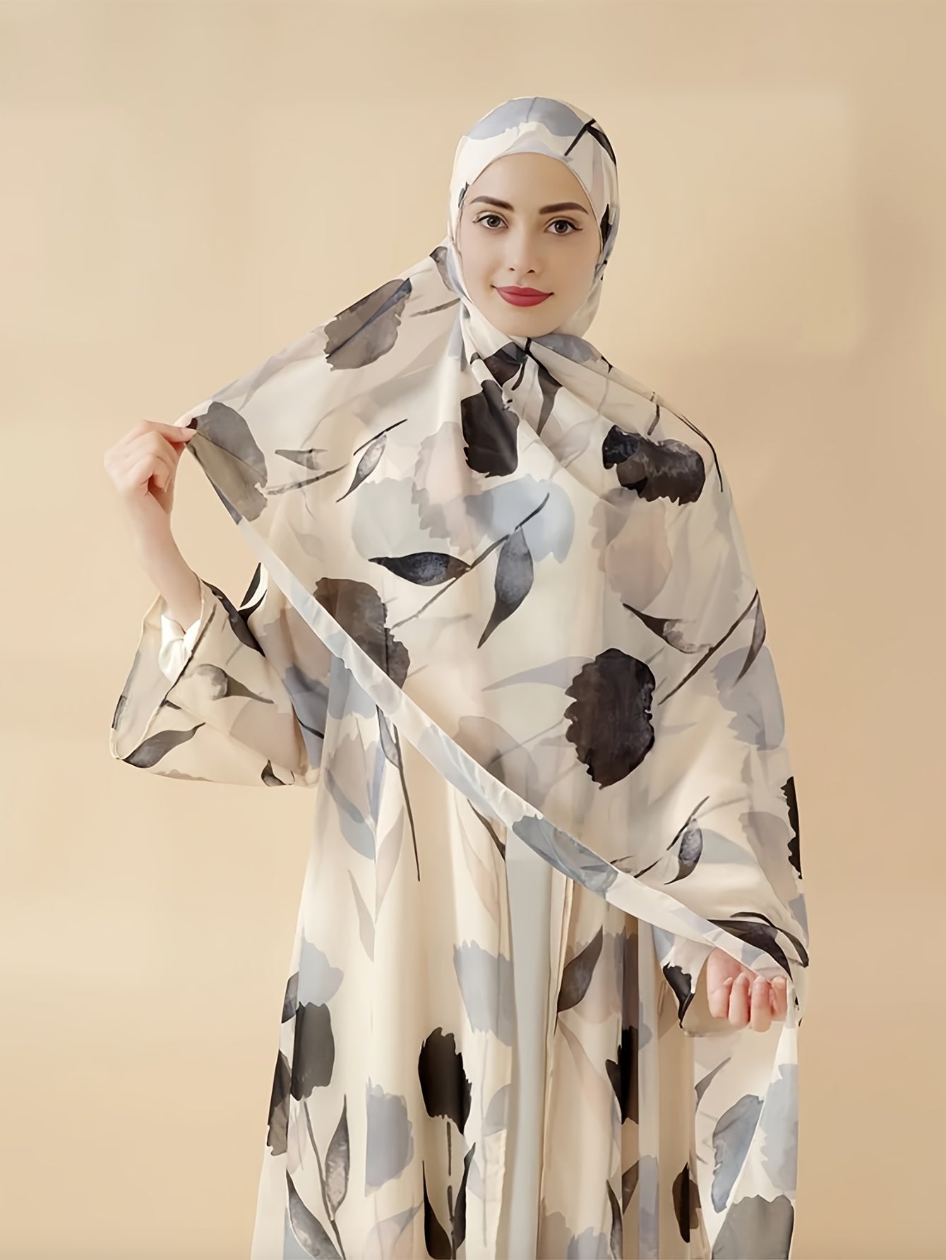 2pcs Elegant Muslim Women's Pakistani Abaya & Headscarf Set - Floral Print Long Sleeve Robe with Lightweight Comfortable Fabric, Perfect for Daily Wear, Family Gatherings, and Travel