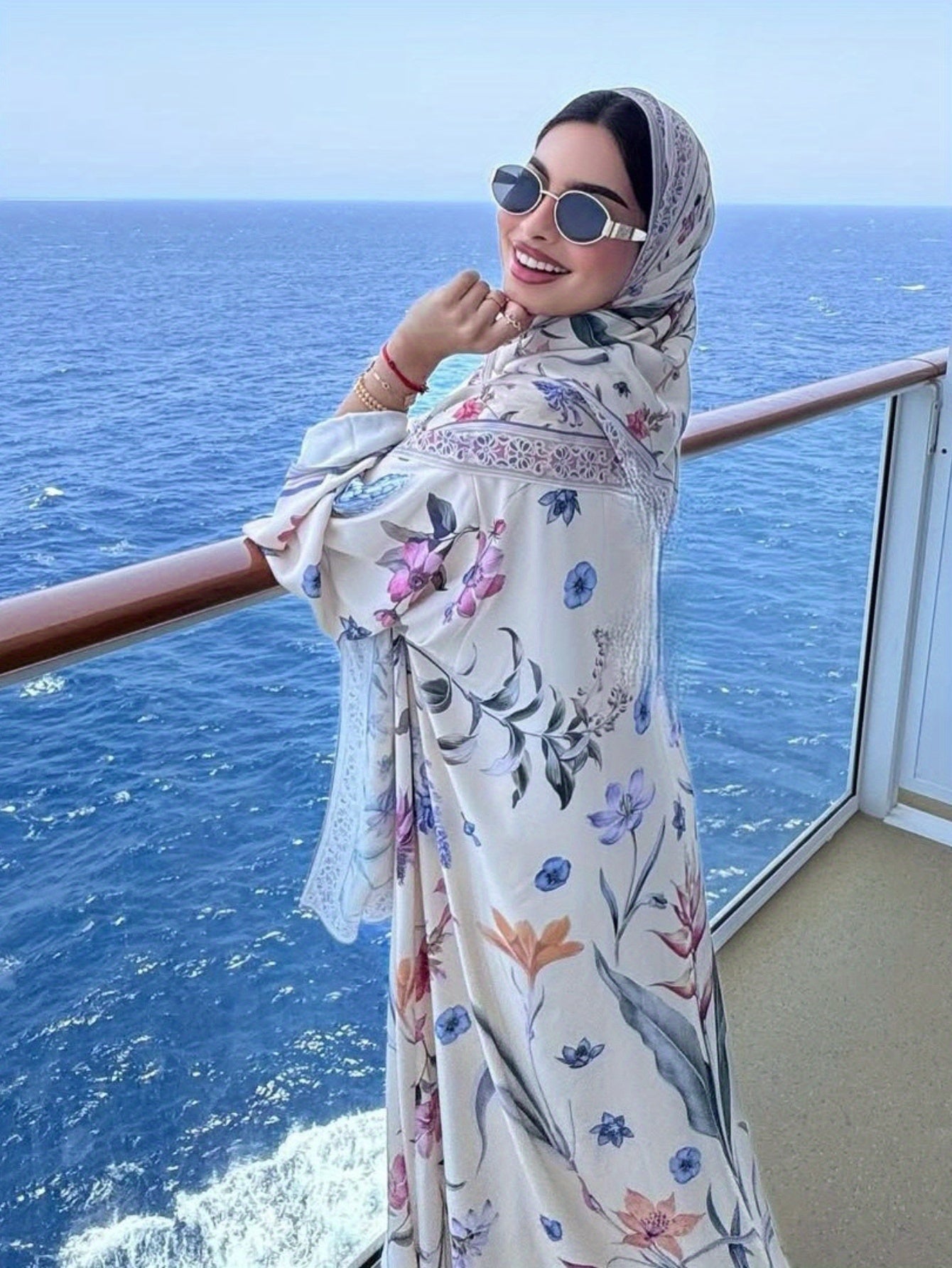 Elegant Open Abaya & Matching Headscarf Set - Floral Print, Long Sleeve, Loose Fit for Women - Ideal for Spring/Summer Outfits, Versatile Long Abaya|Floral Print Abaya|Traditional Abaya