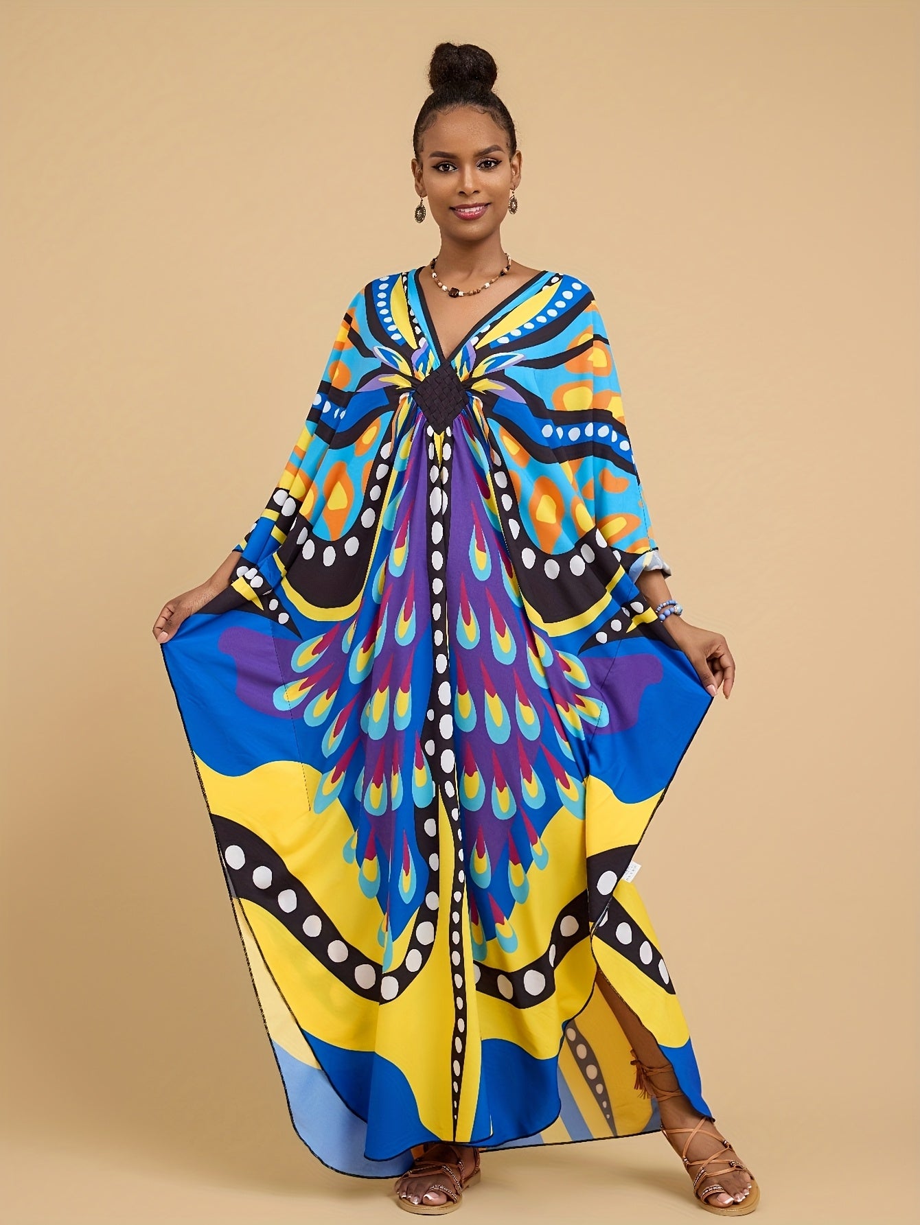 Plus Size - Maxi Dress - Vibrant Butterfly Abaya Cover Up, V-Neck Batwing Sleeve Tunic with Asymmetrical Hem, Loose Fit Long Beach Dress for Women, Spring Summer Fall Casual Outings, Beach Dress