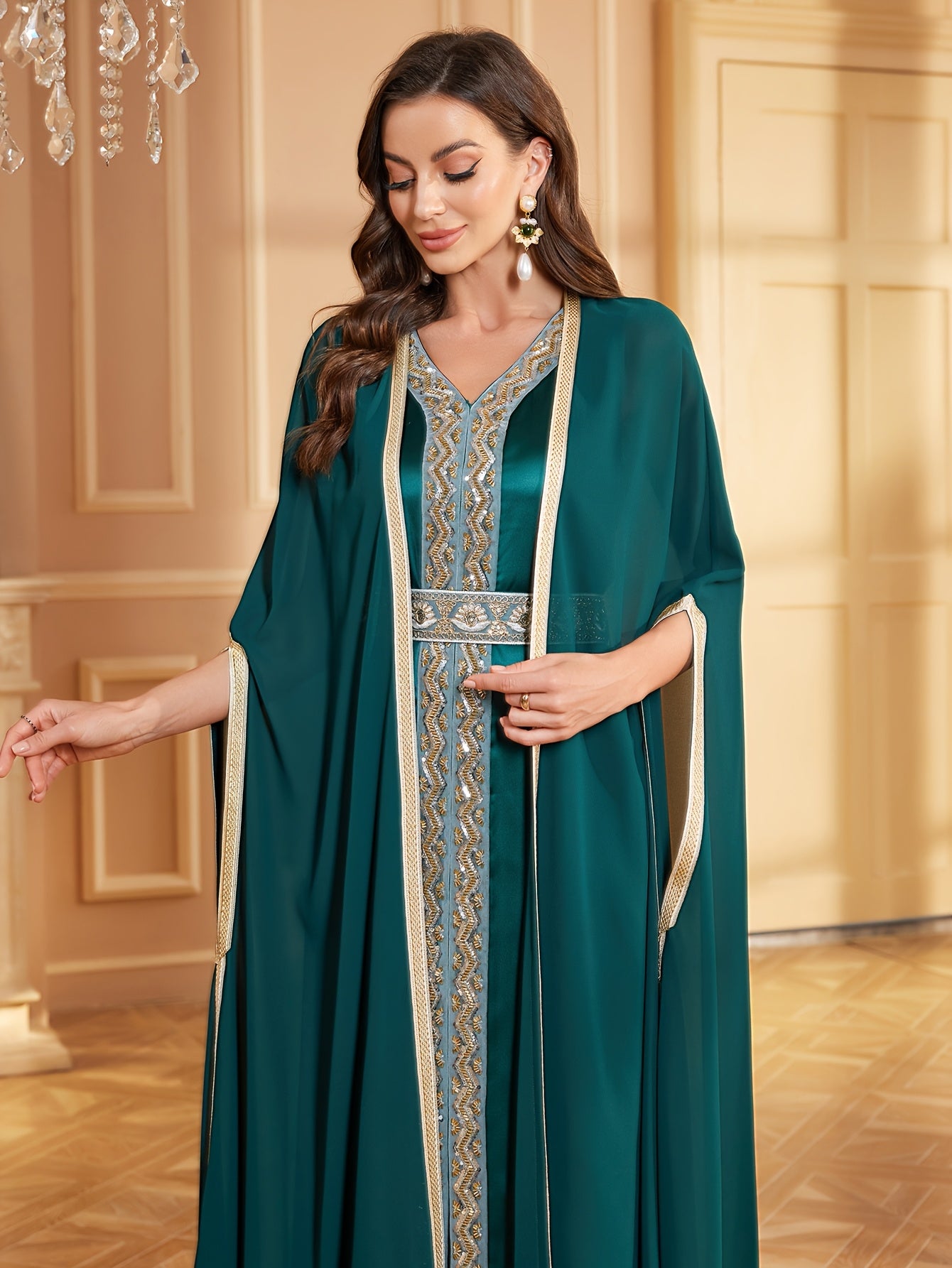 Arabian Middle Eastern Women's Long Abaya Dress Two-Piece Set, Embroidered Decoration, Chiffon V-Neck Dark Green, Elegant and Luxurious Court Style