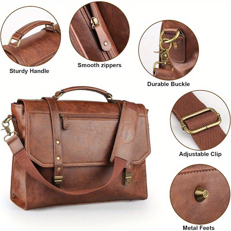 Men's 17 Inch High Quality Leather Laptop Messenger Bag - Retro Vintage Style with Multiple Compartments, Adjustable Shoulder Strap & Metal Hardware, Durable Satchel for Office