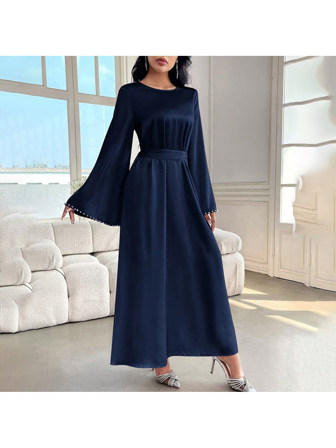 Elegant Round Neck Solid Color Flared Maxi Dress Long Sleeve with Pearl Cuff Detail, Modest A-Line Middle Eastern Turkish Abaya Party & Vacation Dress for Women