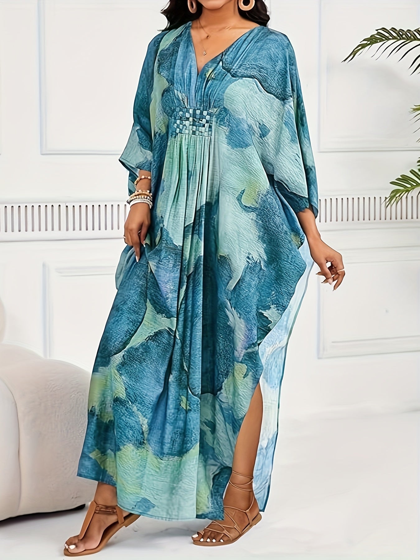 Plus Size - Plus Size Kaftan Dresses For Women V Neck Swimsuit Coverup Floral Print Kaftan Maxi Beach Dress Brown
