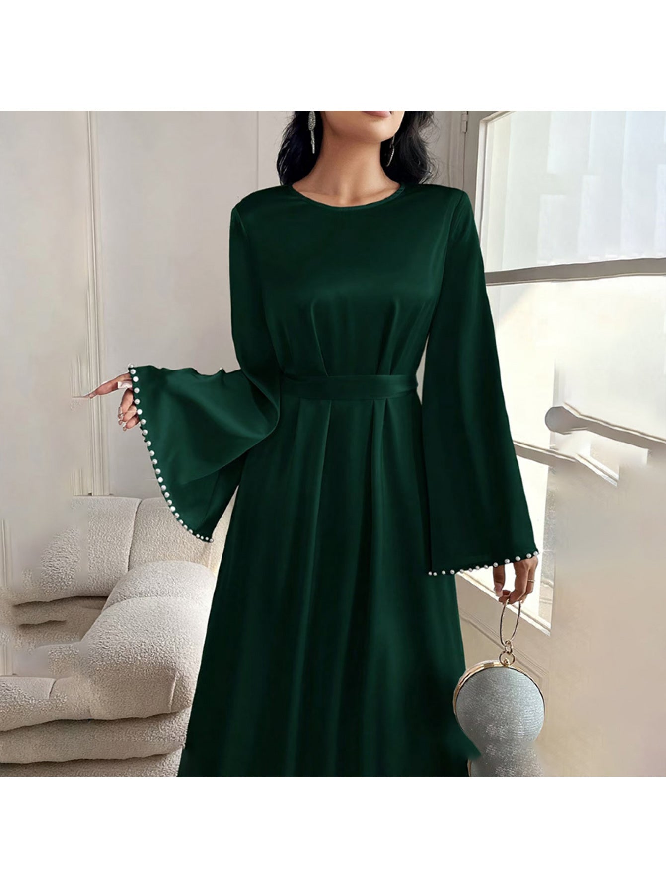 Elegant Round Neck Solid Color Flared Maxi Dress Long Sleeve with Pearl Cuff Detail, Modest A-Line Middle Eastern Turkish Abaya Party & Vacation Dress for Women