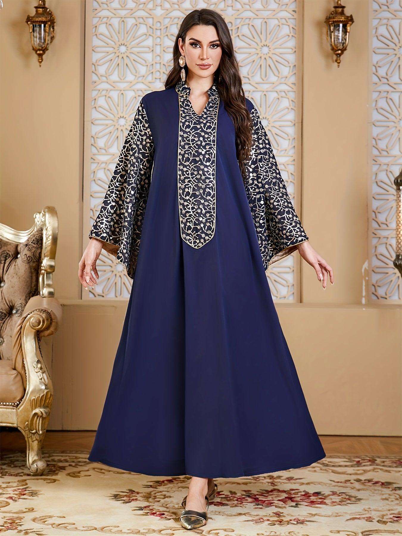 Elegant Muslim Kaftan Abaya Evening Dress with Floral Embroidery & Tassel Flare Sleeves - Navy Blue Maxi Abaya for Women, Middle Eastern-Inspired Traditional Gown, Hand Wash/Dry Clean