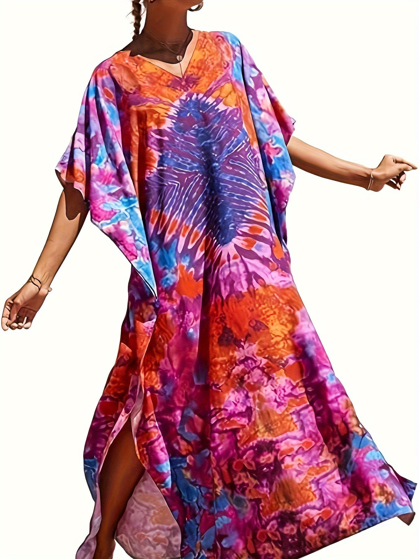 Loose Beach Cover Up Short Sleeve Casual Kaftan Dress For Women Swimsuit Coverup Orange Red