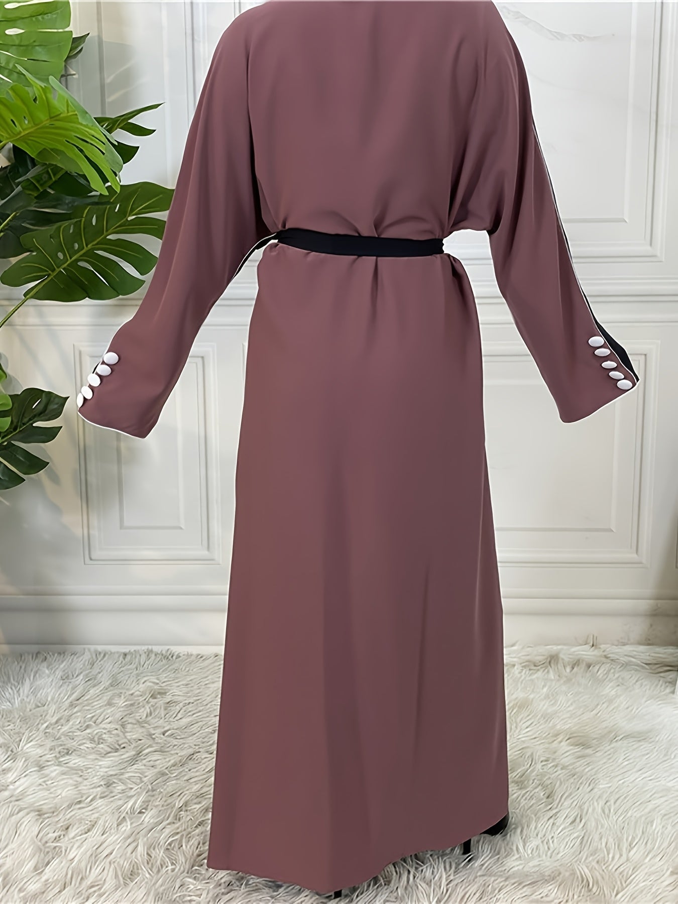 Women's Elegant Patchwork Batwing Sleeve Open Abaya - Long Sleeve, Button-Up Front, Lightweight Polyester, Perfect for Spring & Fall Casual Wear, Stylish Outdoor Attire | Breezy Abaya