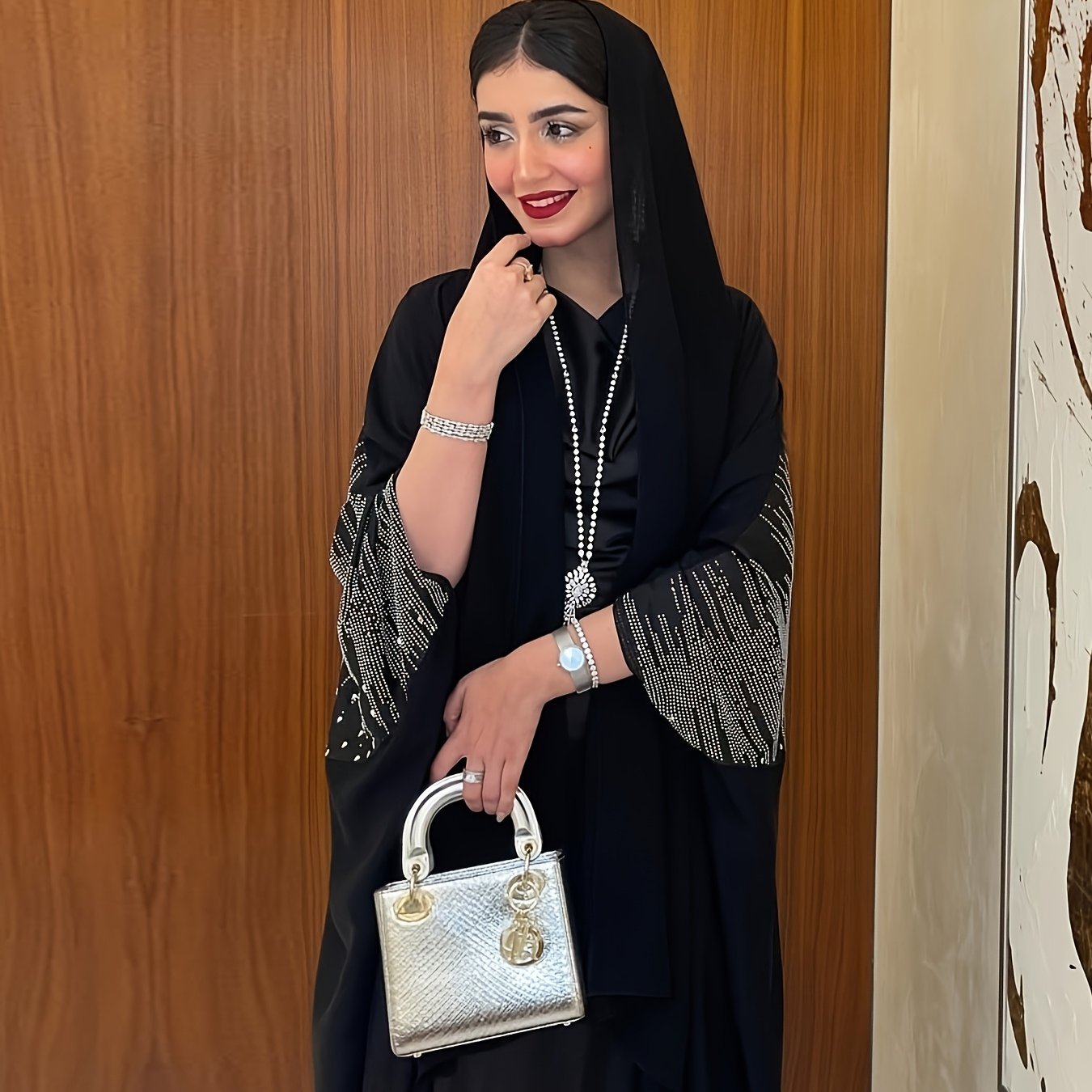 Elegant Rhinestone-Embellished Batwing Sleeve Butterfly Abaya - Solid Black Modest Muslim Women's Long Robe, Machine Washable All-Season Party & Formal Evening Gown