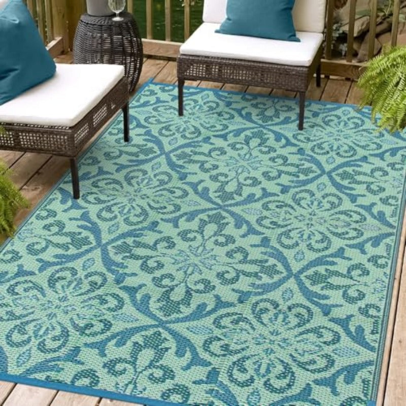 Waterproof Outdoor Rug 6x9 ft Reversible Plastic Straw Patio Medium Rug for Camping RV Mat Outside Indoor Outdoor Carpet for Porch Deck Backyard Camper Picnic Green and White 6x9