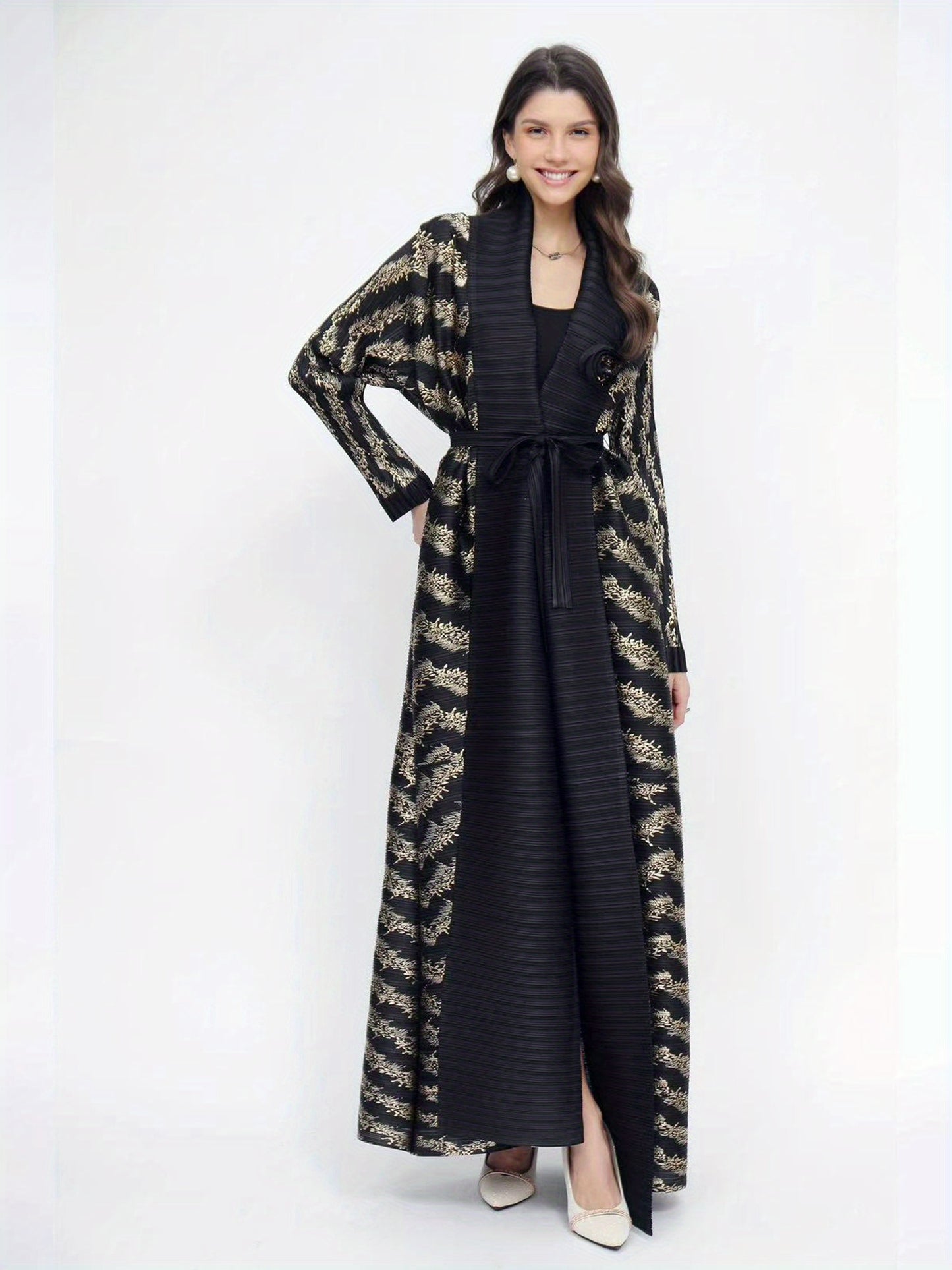 Women's Elegant Black Abaya with Golden Geometric Pattern - Stylish Long-Sleeve Kaftan for Office, Formal Events, and Ramadan - Versatile Middle Eastern Attire, Formal Attire | Elegant Abaya