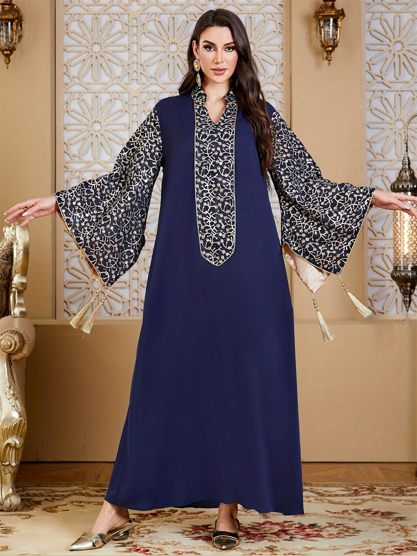 Elegant Muslim Kaftan Abaya Evening Dress with Floral Embroidery & Tassel Flare Sleeves - Navy Blue Maxi Abaya for Women, Middle Eastern-Inspired Traditional Gown, Hand Wash/Dry Clean