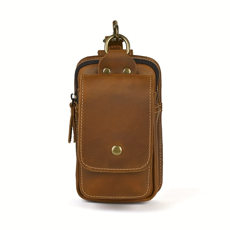 Men's Retro Genuine Leather Belt Bag - Anti-Theft Lightweight Belt Clip with Multiple Zippered Compartments for Phone & Essentials