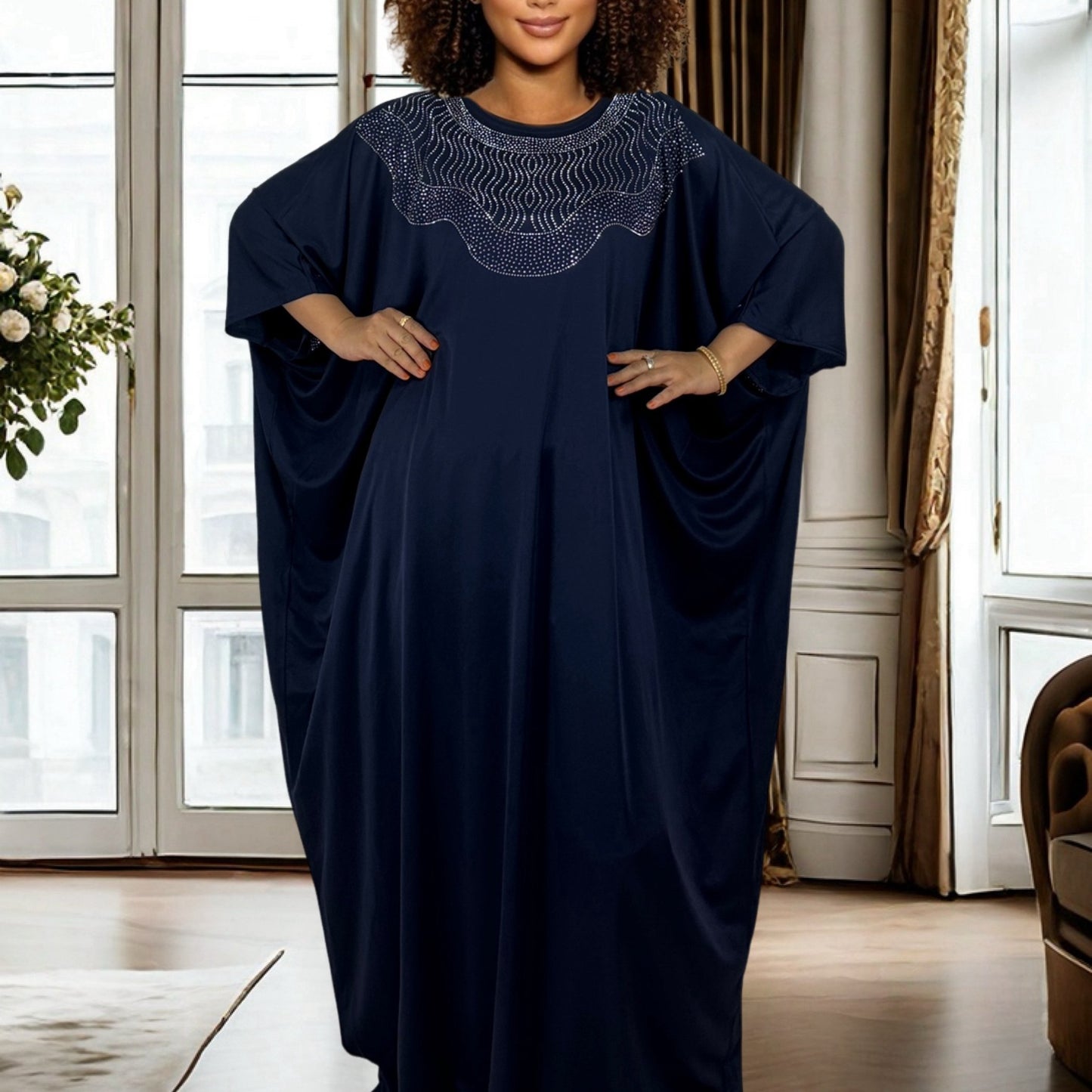 Plus Size, Women's African-Inspired Oversized Turkish Kaftan Abaya with Rhinestone Embellishments - 100% Polyester, Lightweight & Stretchy, Solid Color, All-Season Wear, Hand Wash/Dry Clean