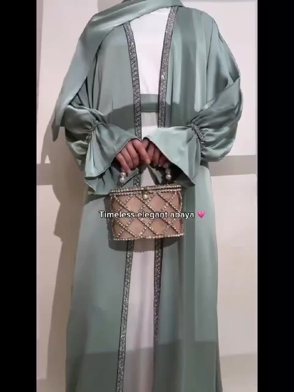 4pcs Set: Poet Sleeve Satin Abaya Eid al-Adha Abaya Muslim Women's Ramadan, Eid al-Fitr, Eid al-Adha, Mawlid, Prayer dress gown robe outfit long robe outfit comfortable soft breathable