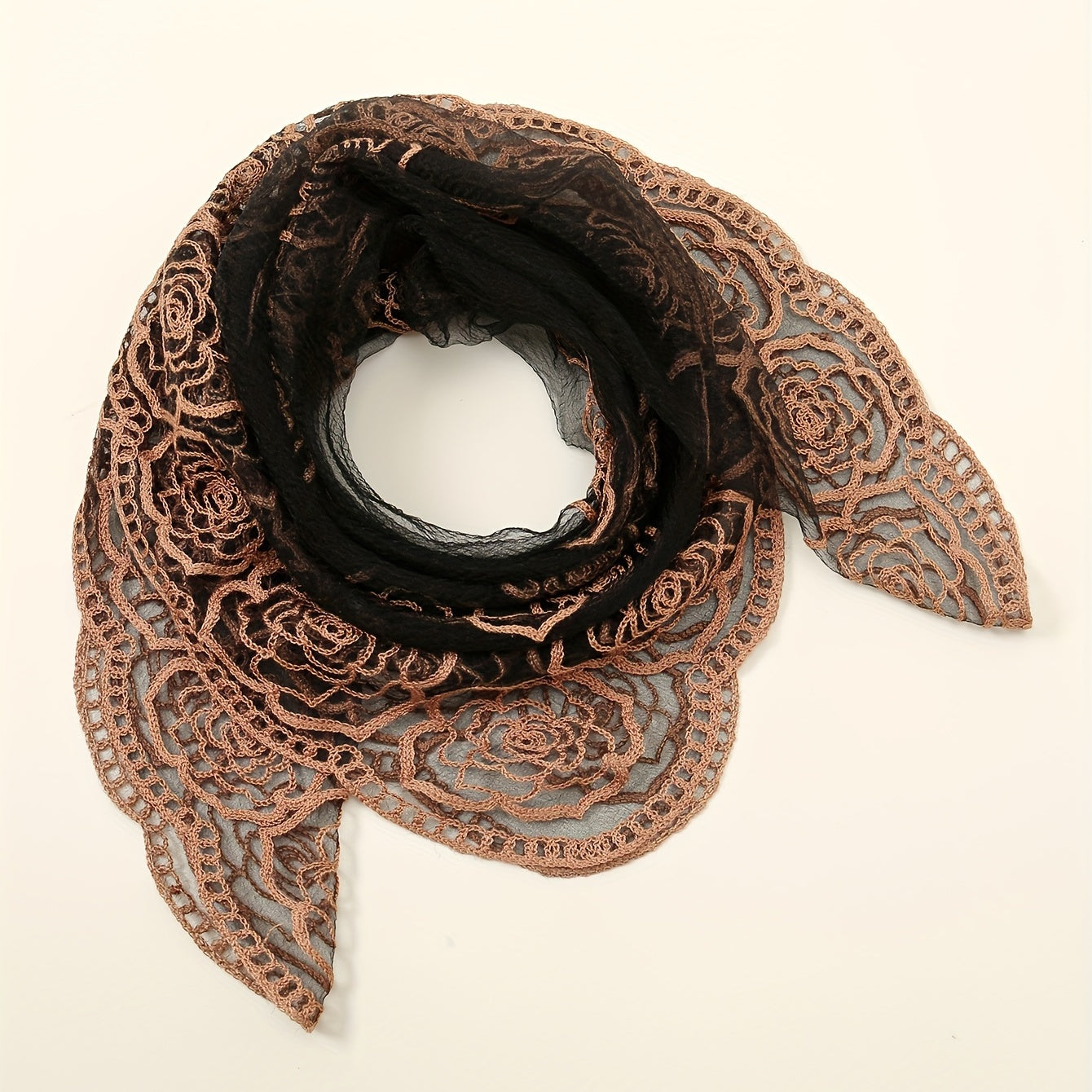 Thin Gauze Paisley Embroidery Elegant Square Scarf | Casual Rusty Brown Head Wrap