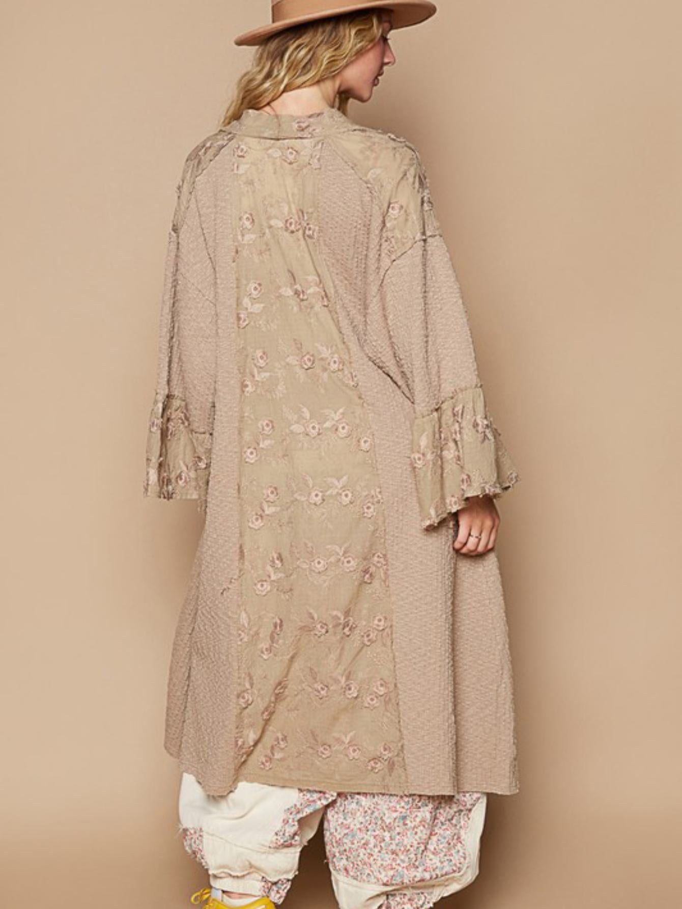 Women's Casual Duster Kimono Abaya Vintage Boho Lace Trim Open Front Longline Outerwear Khaki Long Sleeves Lightweight Soft Fabric Perfect for Spring/Fall/Winter Layering Everyday