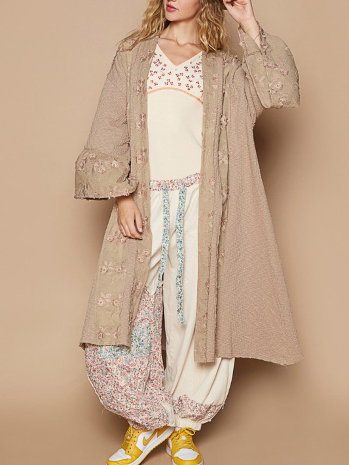 Women's Casual Duster Kimono Abaya Vintage Boho Lace Trim Open Front Longline Outerwear Khaki Long Sleeves Lightweight Soft Fabric Perfect for Spring/Fall/Winter Layering Everyday