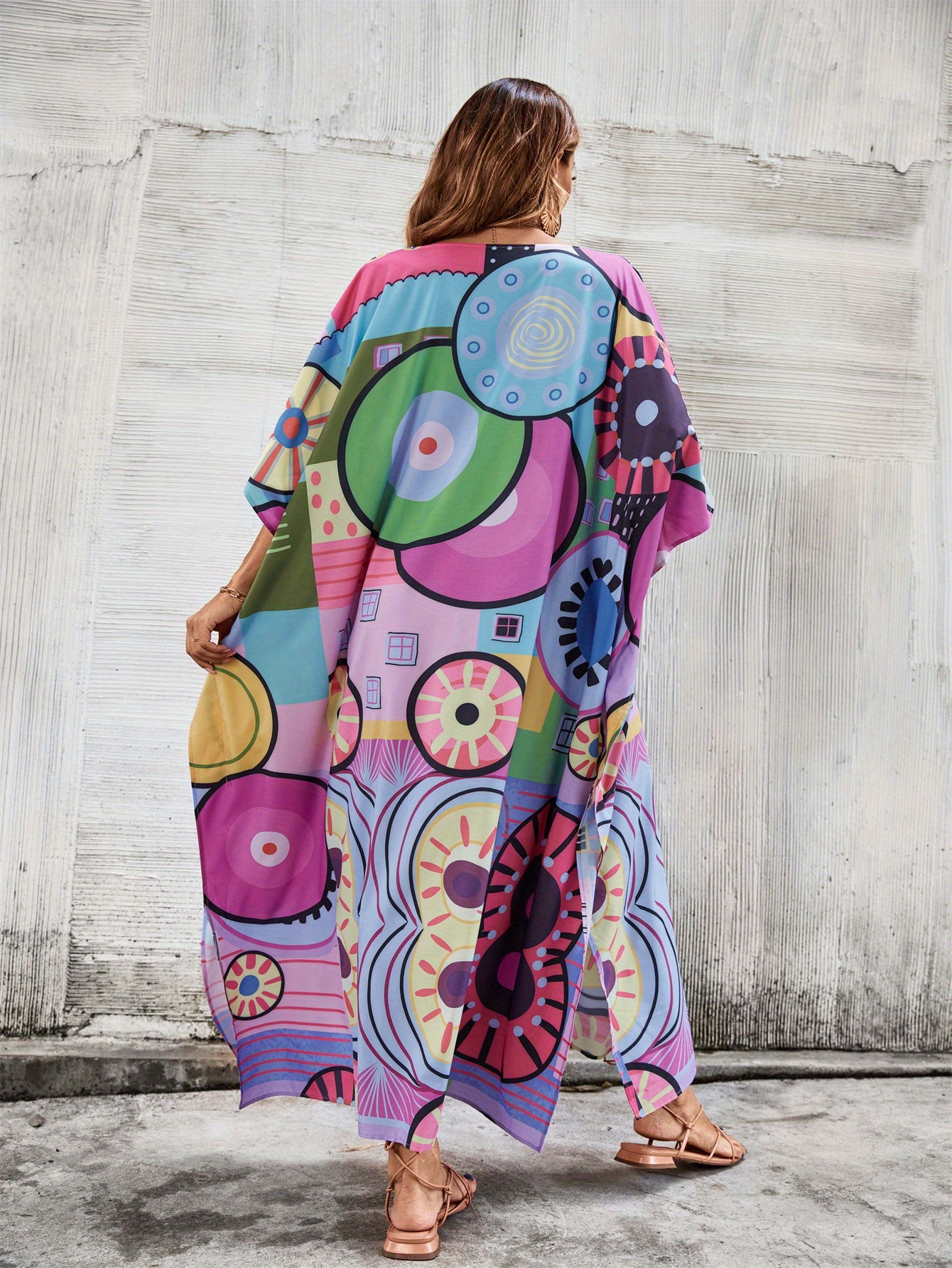 Plus Size Boho Chic Tropical Print Beach Kaftan - V-Neck, Batwing Sleeve Cover Up with Side Slit - Vibrant Geometric & Floral Design in Blue, Green, Pink & Purple - Perfect for Summer Vacations & Resort Wear, Bohemian Clothing