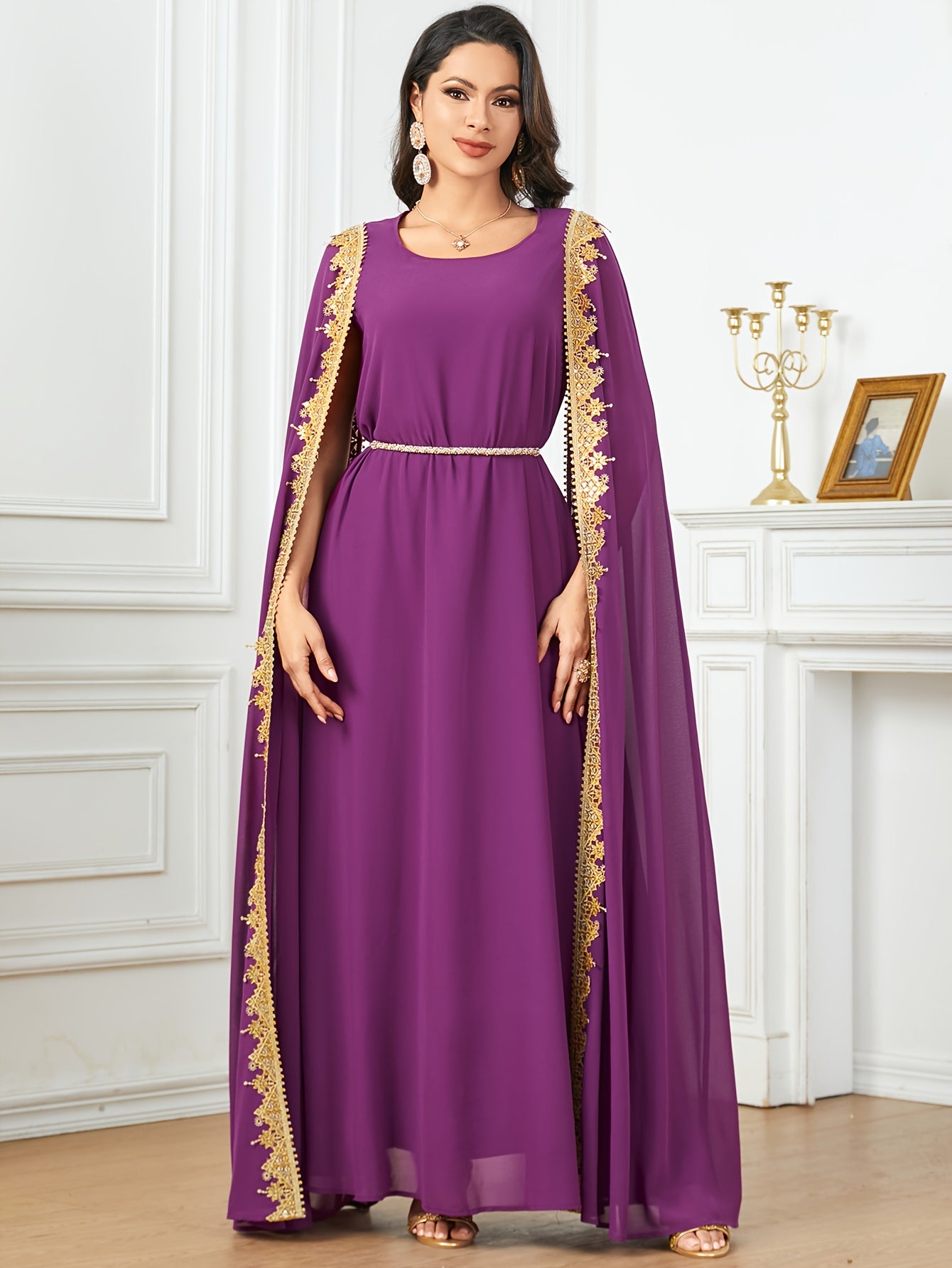 Middle Eastern-Inspired Emerald Green Sequin-Trimmed Lace Embroidery Robe Modern Abaya - Long Sleeve A-Line Gown with Golden Accents, Machine Washable Formal & Casual Wear