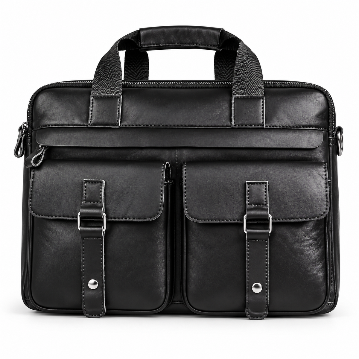 Classic Black Leather Briefcase With Pockets