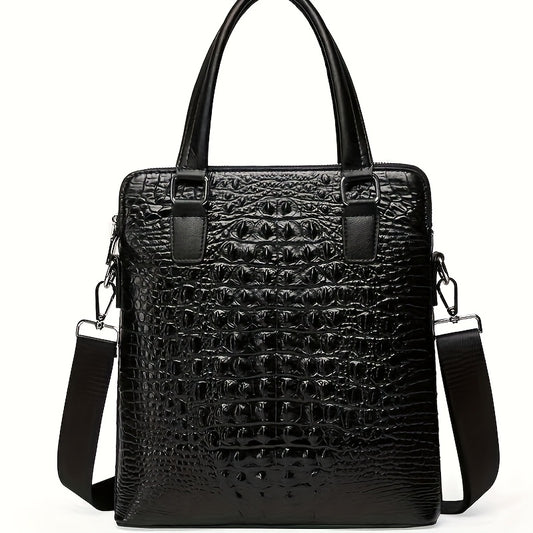 Men Business Leather Laptop Tote Bag Briefcase - Double Pull Crocodile Grain Design, Lightweight Durable Genuine Leather with Adjustable Shoulder Strap