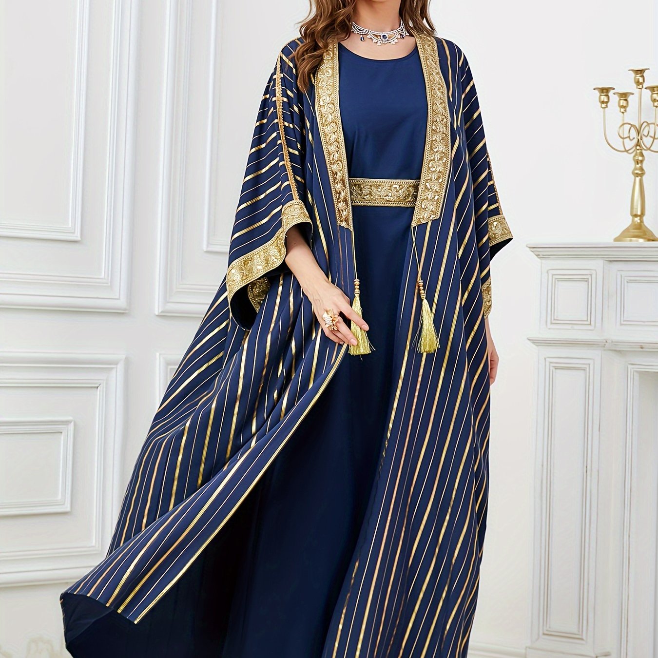 Oriented Spot Middle East Dubai Muslim Women's Abaya Four Seasons Round Neck Ramadan New Long Dress Regular Fit Ultra Thick Texture Super Soft Fabric Open Front Two-Piece Set Golden Belt