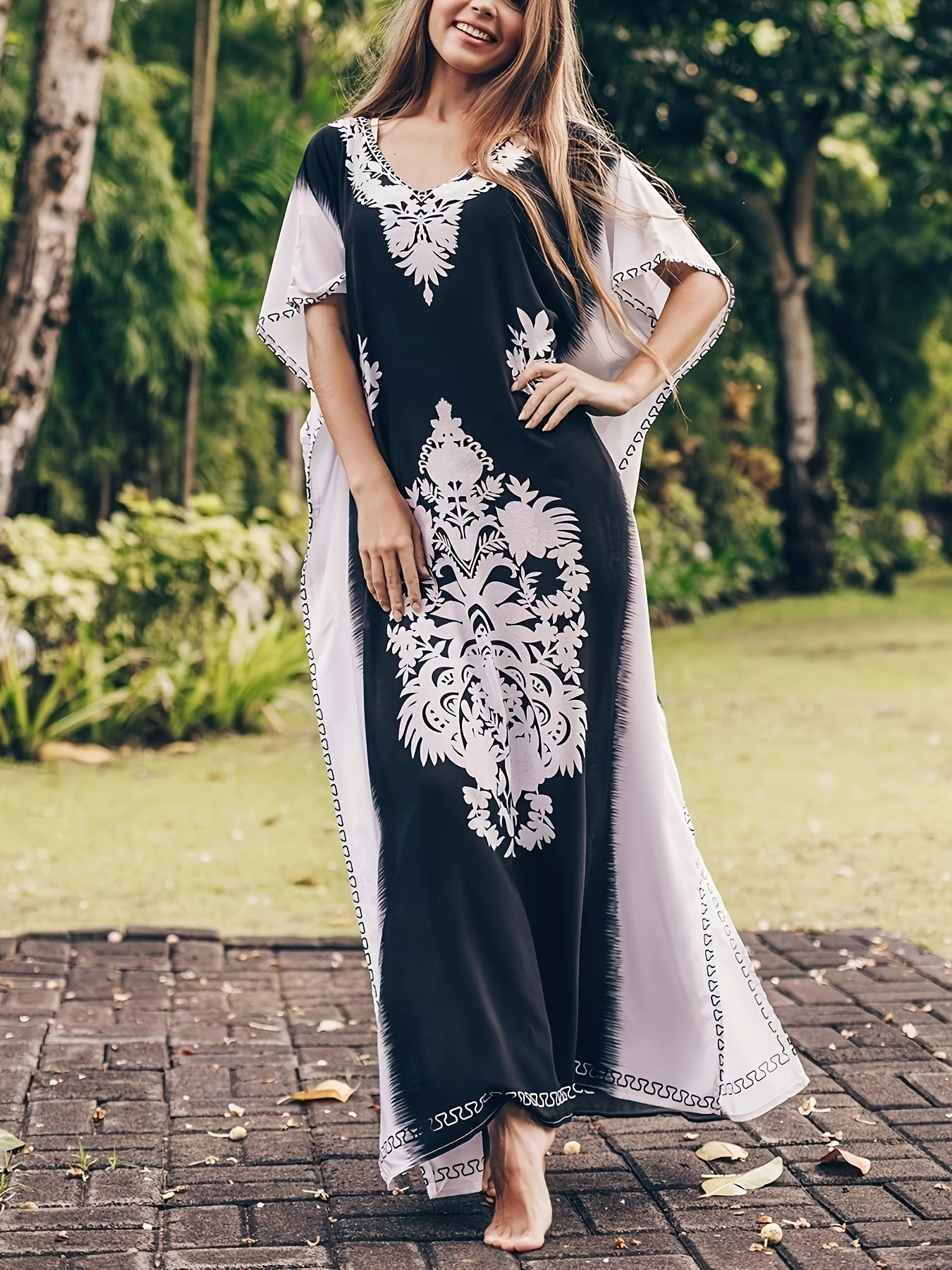 Women's Summer Floral Print Swimsuit Cover Up, Casual V-Neck Half Sleeve Midi Kaftan Beach Dress, Polyester Spandex Blend, Loose Fit with Side Split