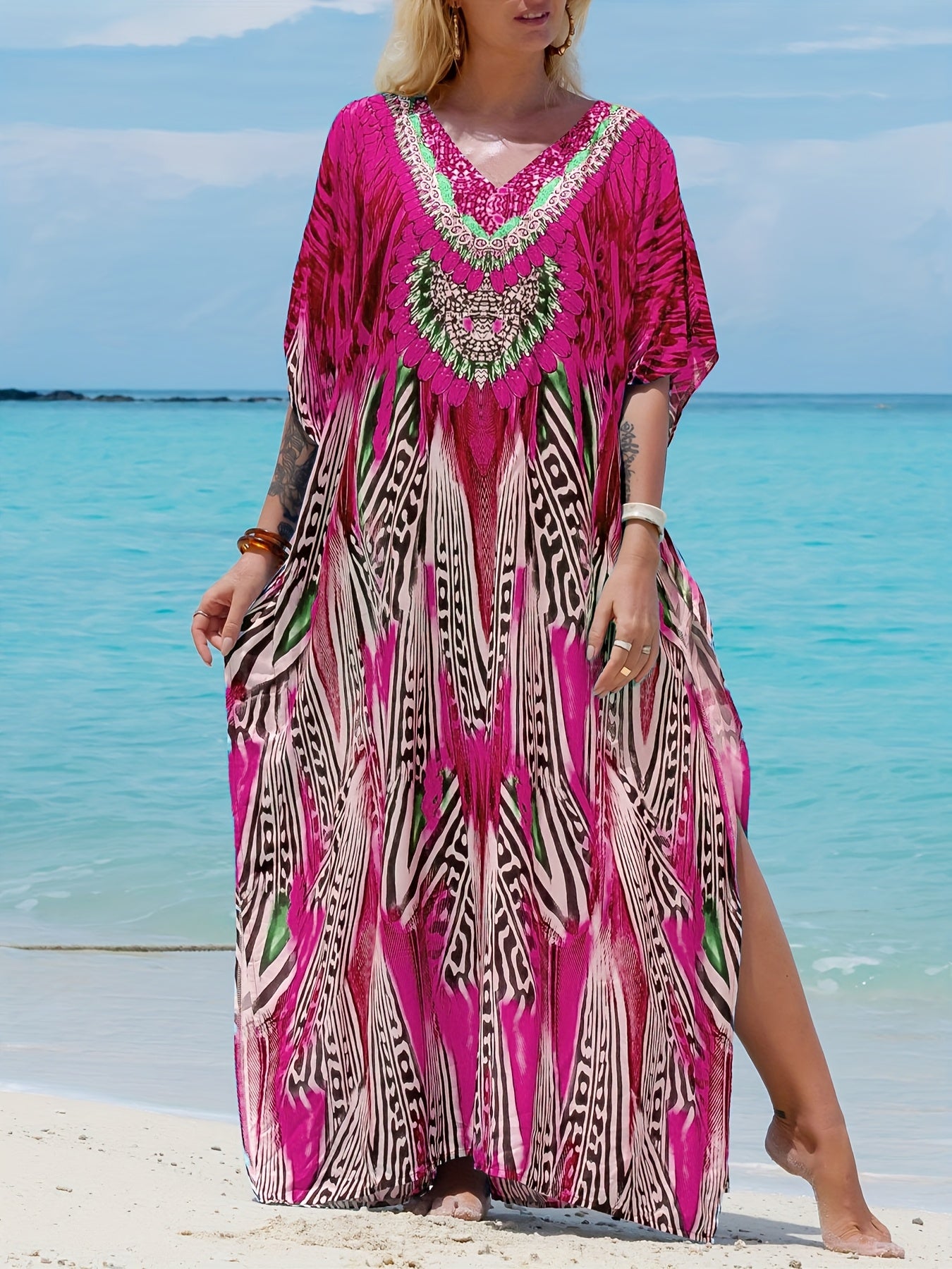 Elegant V-neck Batwing Sleeve Kaftan Abaya - Graphic Print, Maxi Length, Flowy Fit - Perfect for Ramadan and Special Occasions