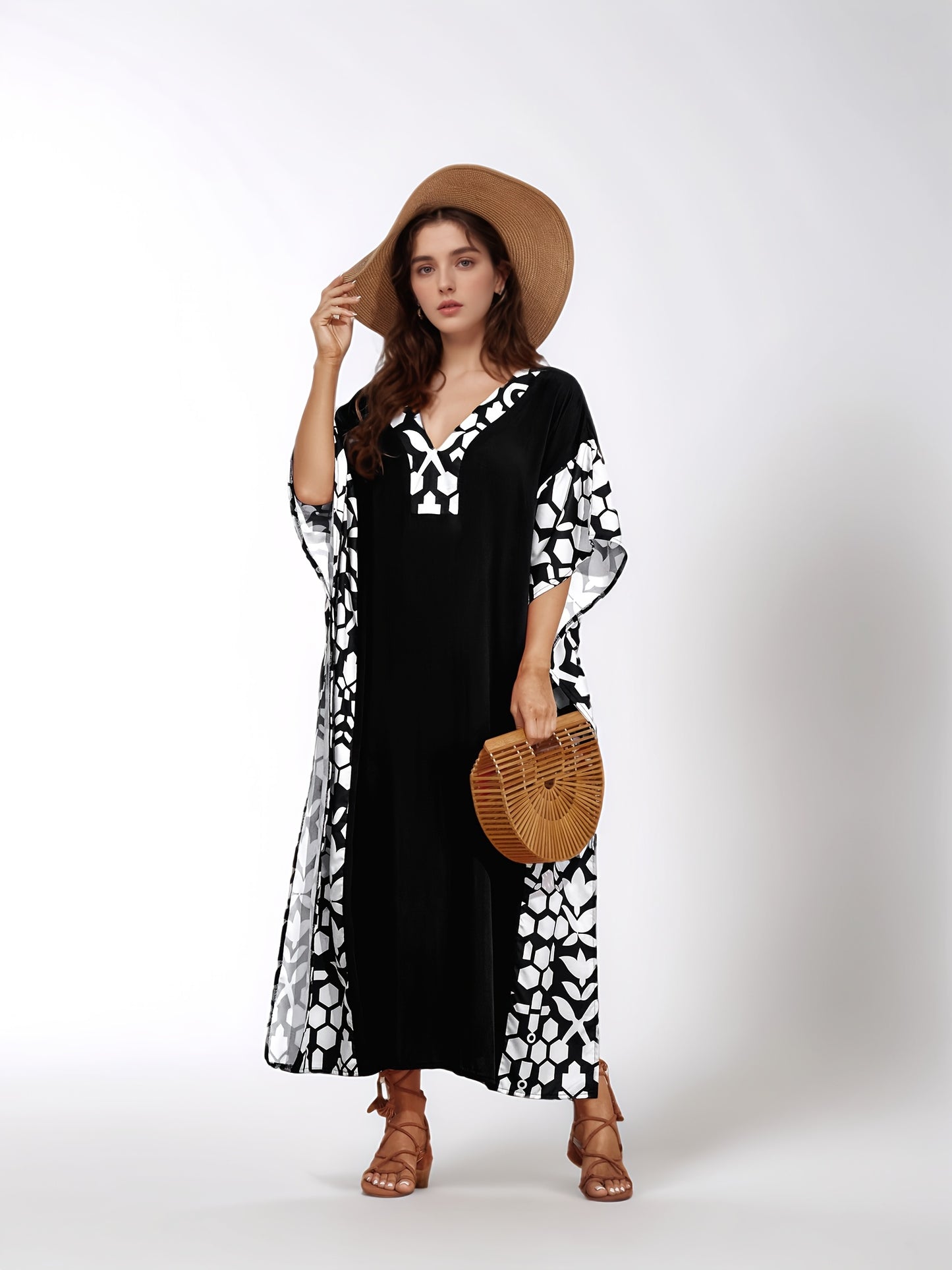 Large Size Long Black Elegant Kaftan Dress with Patchwork Print Loose Beach Bikini Cover, Side Slit Short Sleeved Middle Eastern Long-distance Holiday Style Dress