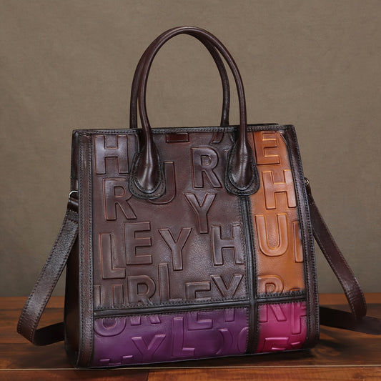 Genuine Genuine Leather Tote Bag for Women Vintage Handmade Top Grain Embossed Genuine Leather Purse Top Handle Bag Crossbody Shoulder Bag with Large Capacity