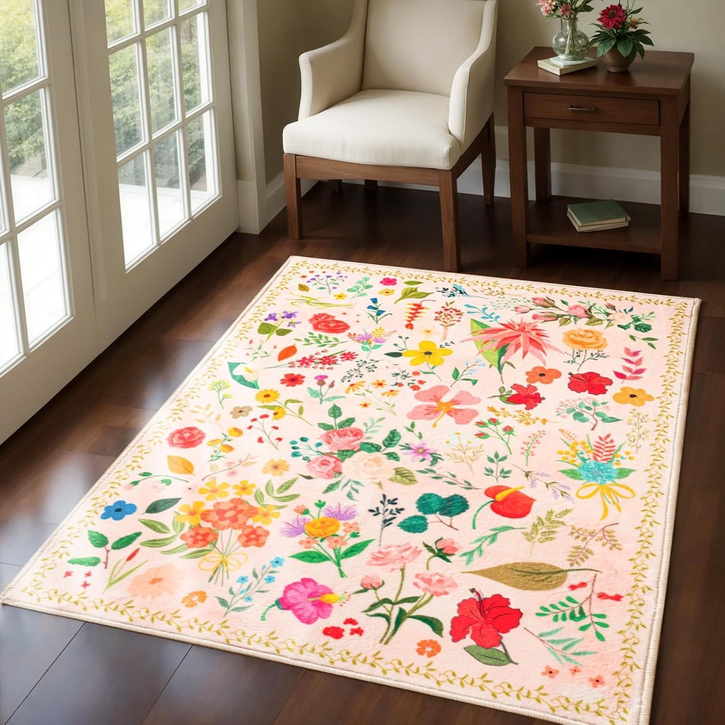 Vibrant Floral Print Area Mat - Soft Beige Imitation Cashmere, Anti-Slip & Machine Washable, Perfect for Living Room, Bedroom, or Home Decor, Rugs for Living Room