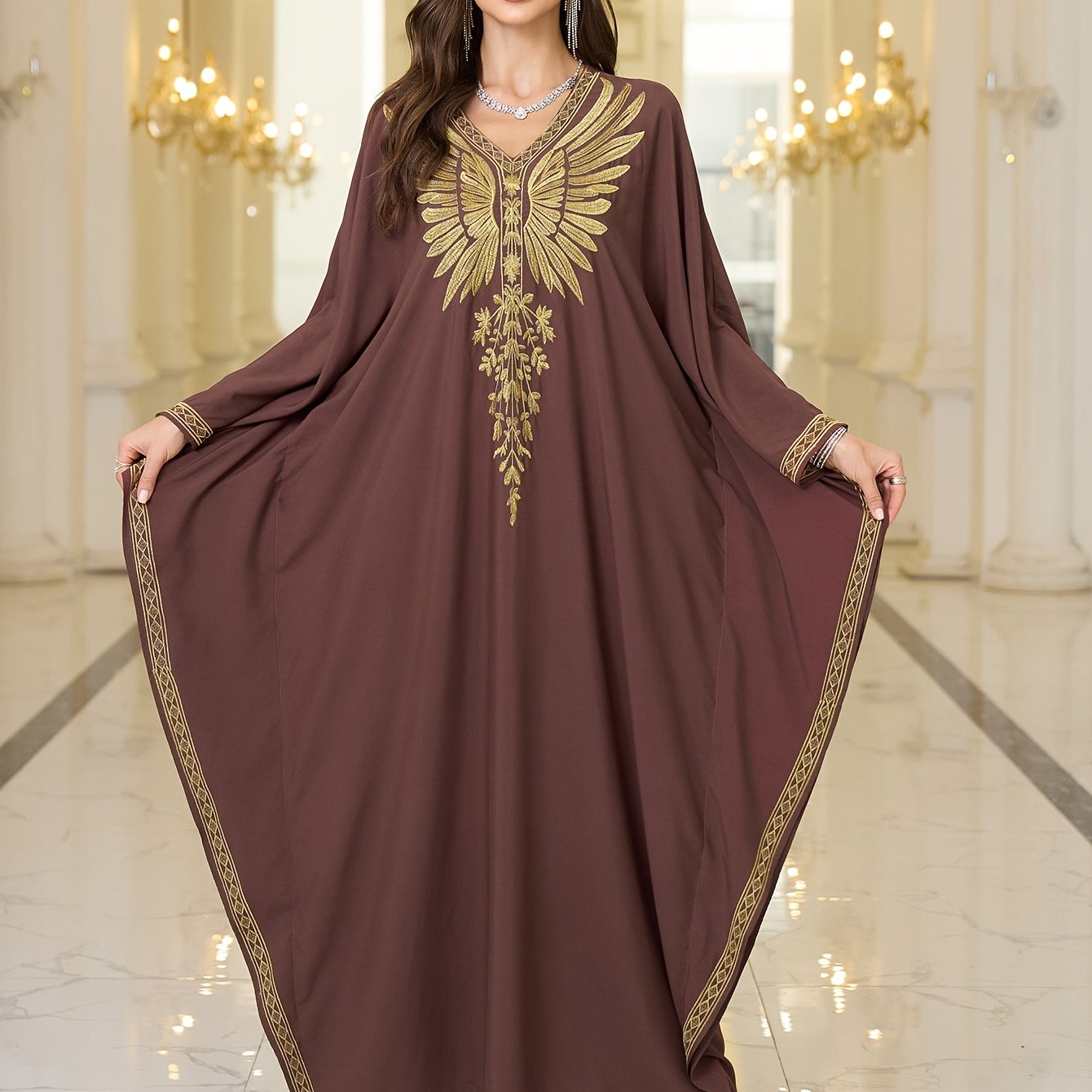Women's Plus-Size Maxi Dress - Elegant Brown & Golden robe-like gown with Long Batwing Abaya Sleeves, Non-See-Through Formal/Beach/Evening Dress for Women