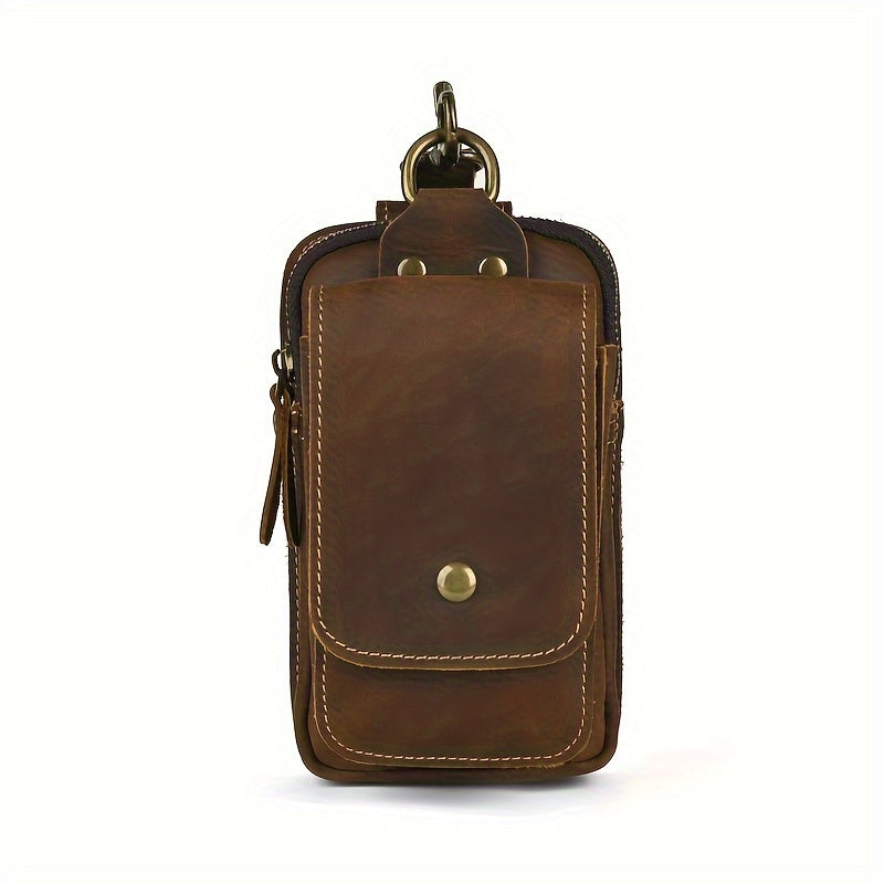 Men's Retro Genuine Leather Belt Bag - Anti-Theft Lightweight Belt Clip with Multiple Zippered Compartments for Phone & Essentials