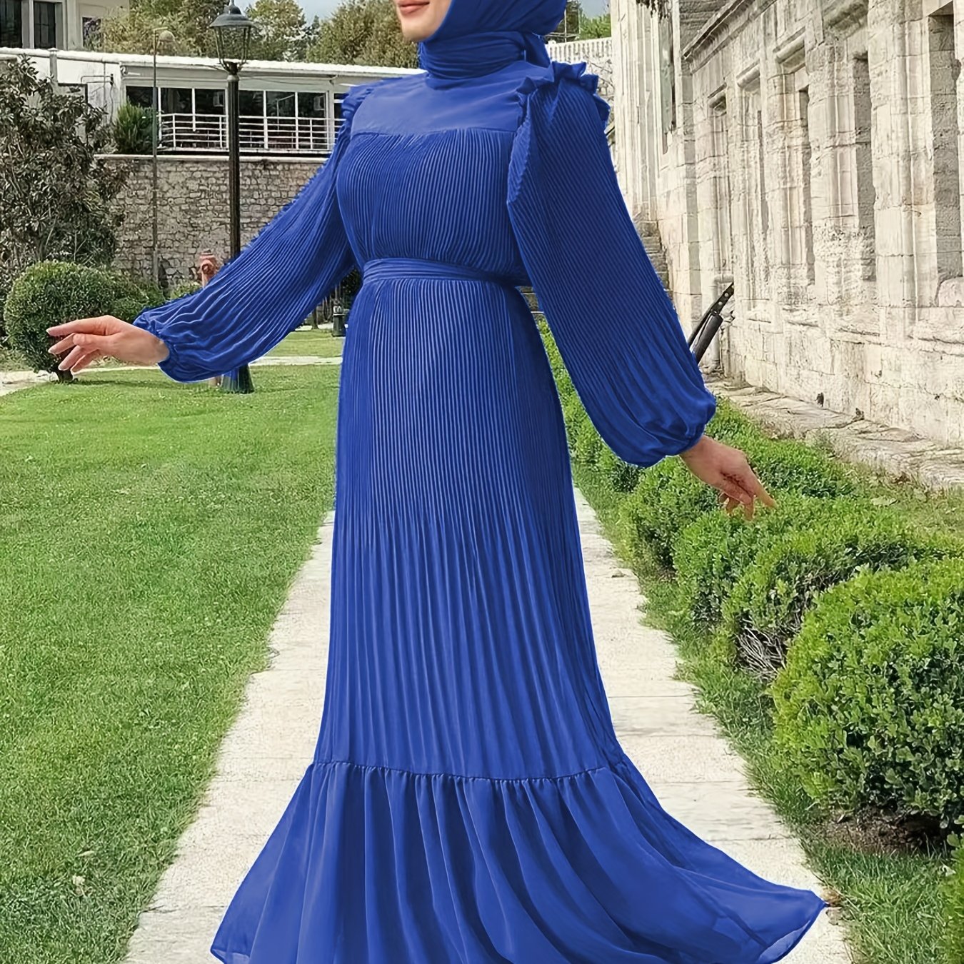 Women's Middle Eastern Muslim Baju Abaya Dress - Solid Color Pleated Long Sleeve with Belted Waist, Lightweight Breathable Fabric, Machine Washable Traditional Modest Dress