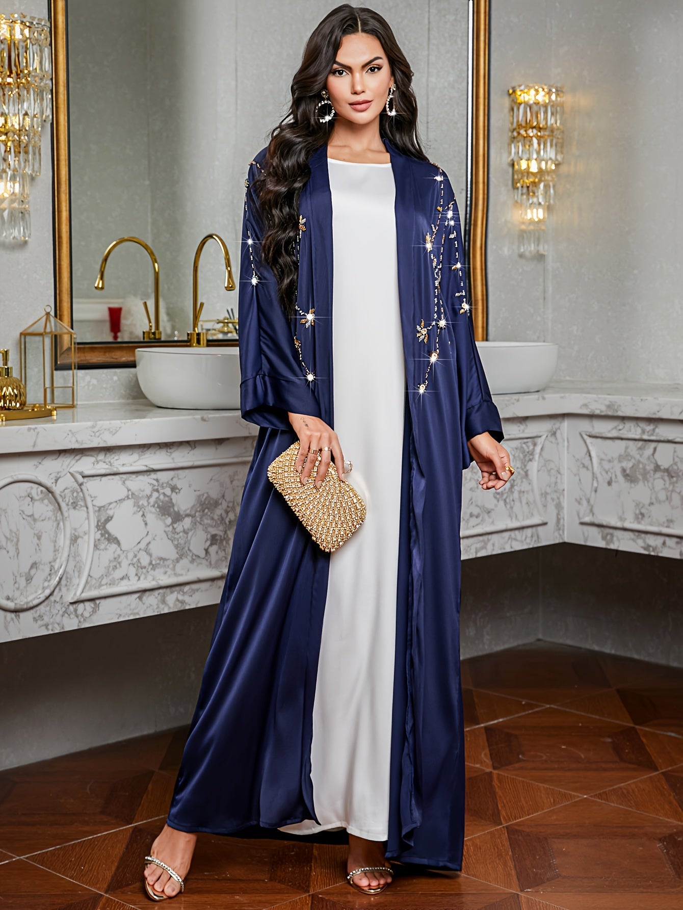 Elegant Navy Blue Kimono Abaya with Sparkling Embellishments - Long Sleeve, Loose Fit, Floor-Length Dress for Women, Perfect for All Seasons, Allseason Attire|Sparkling Embellishments|Rhinestone Details