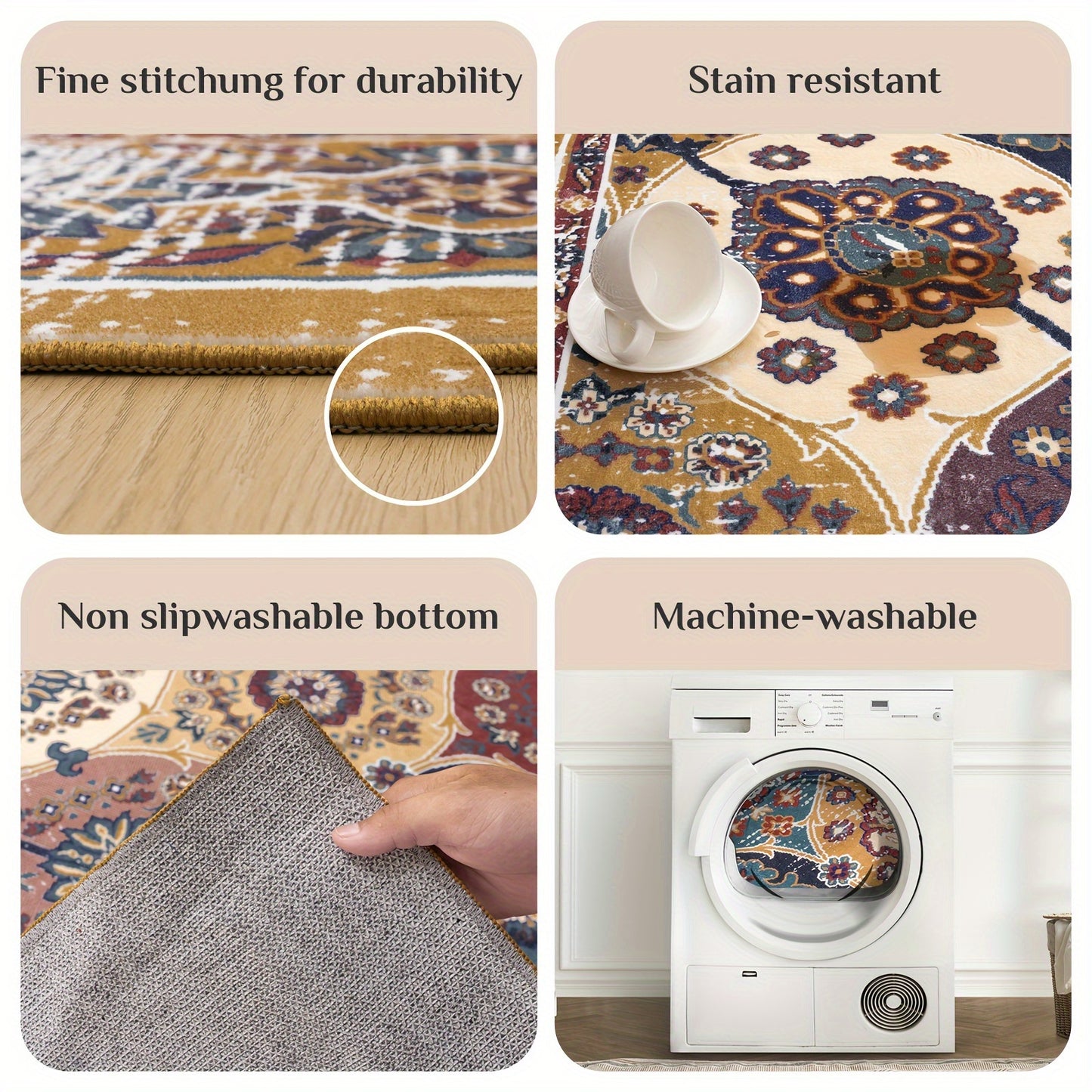 Washable Vintage Medallion Small Mat with Non-Slip Backing Soft and Stain Resistant Non-Shedding Low Plush Floor Mat Pad for Living Room Bedroom Kitchen Home Office