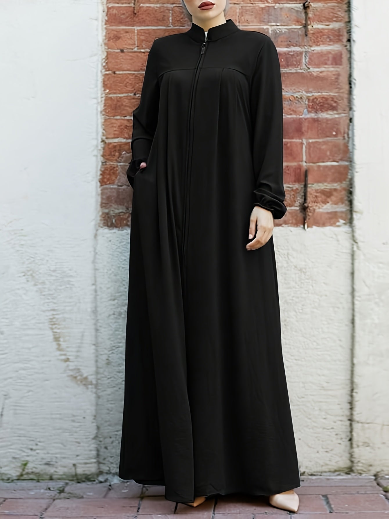 Elegant Black Long Sleeve Palestinian Abaya Dress with Zipper Pockets - Casual Loose Fit, Collared Neckline, Traditional Middle Eastern Style, Comfortable Women'S Dress|Casual Elegance|Pocketed Dress