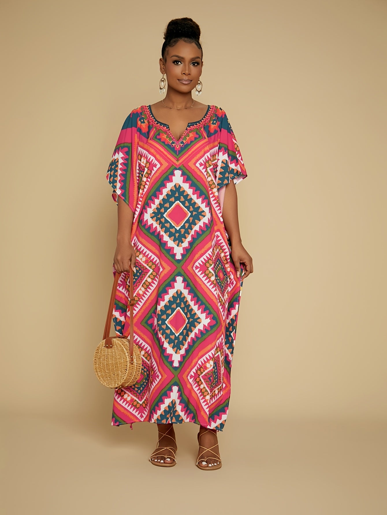 Women's Elegant V-neck Gown Skirt Square Geometric Pattern Resort Beach Caftan Cover-up Is Suitable For Spring, Summer and Autumn
