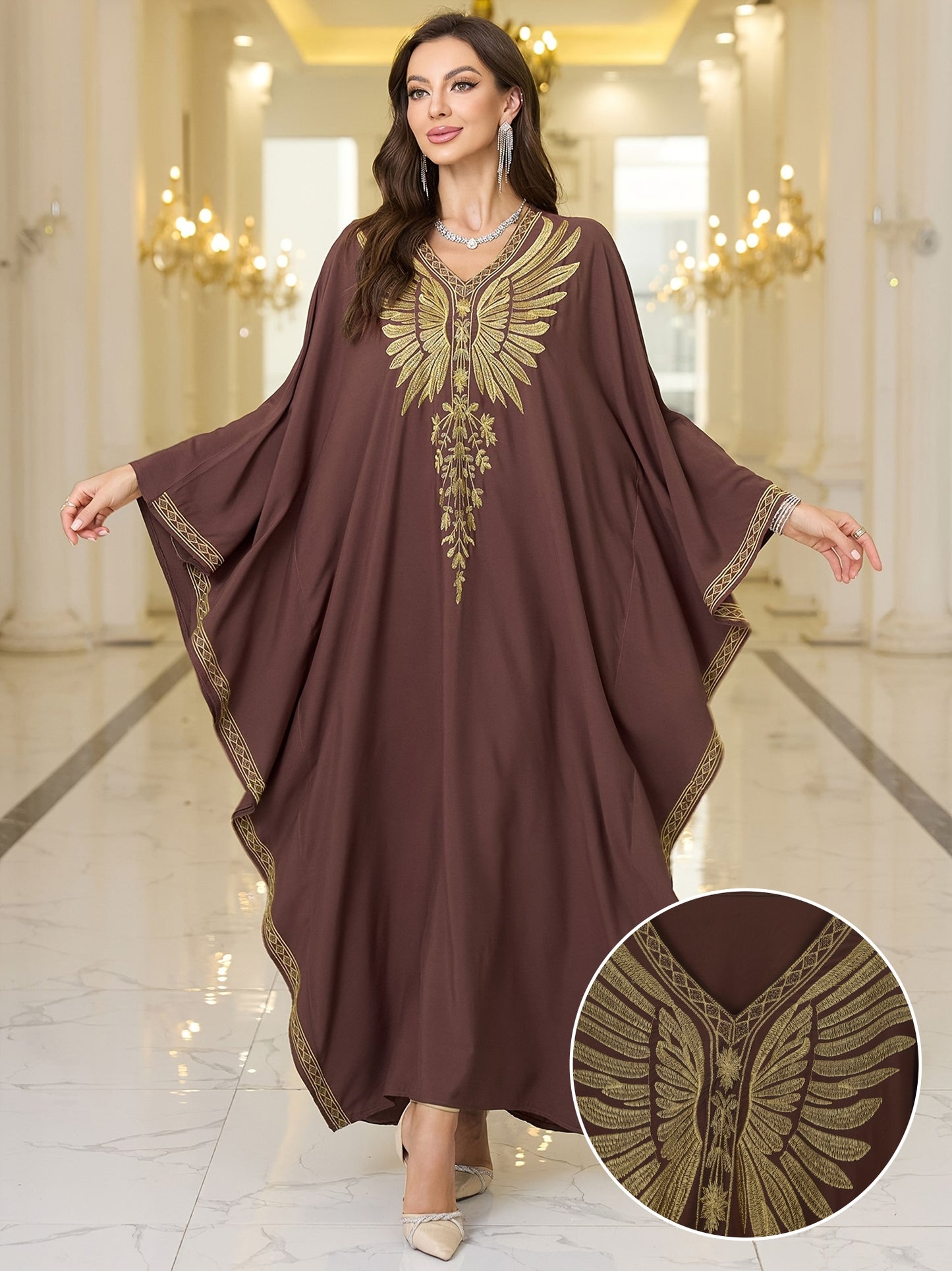 Elegant Plus Size Kaftan Dress with Embroidered Wings - V-Neck, Batwing Sleeves Abaya, Loose Fit Maxi Dress for Women - Suitable for Casual Wear, Parties & Special Occasions - Perfect Gift for Women