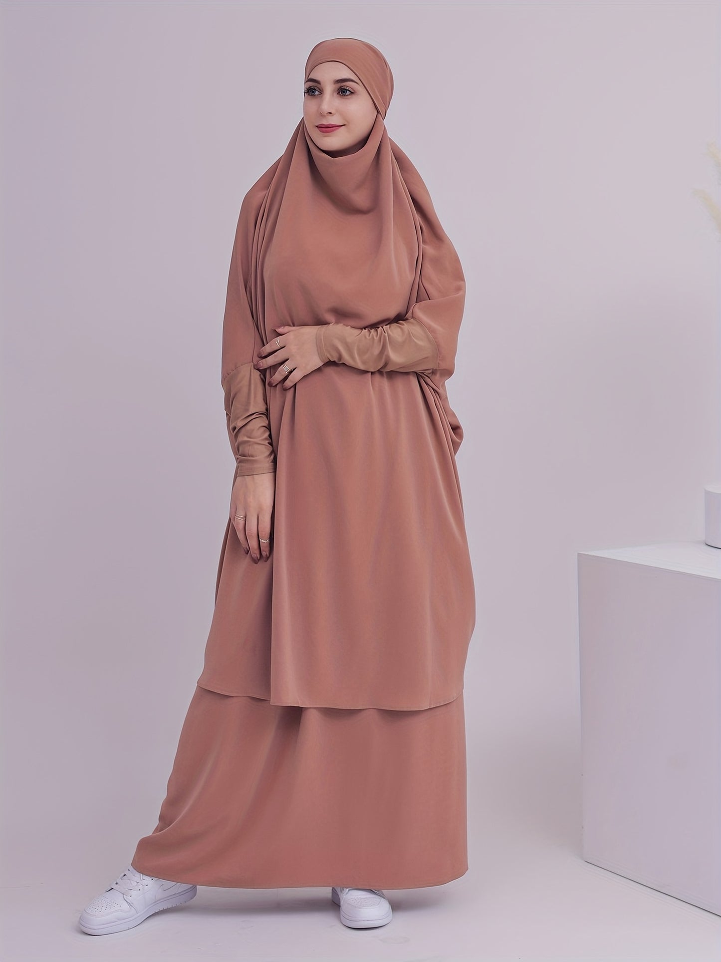 2pcs Dubai Islamic Muslim Women Jilbaab Abaya Long Skirt Pray Abaya Set for EID Ramadan